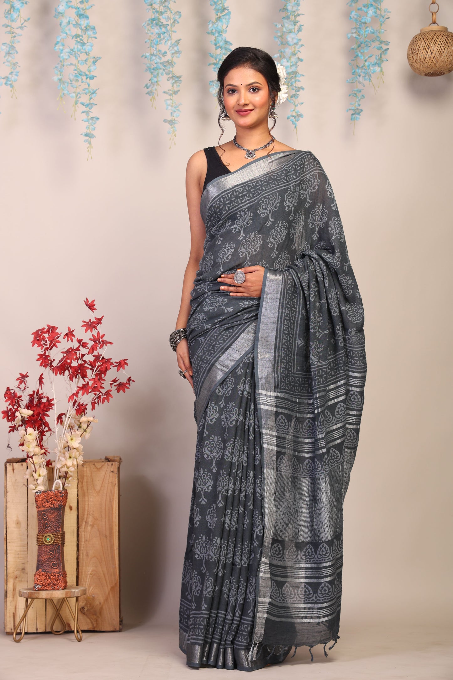 Anuttara Bhagalpuri Gray Cotton Linen Hand Block Saree with Blouse_AFS1087-FS