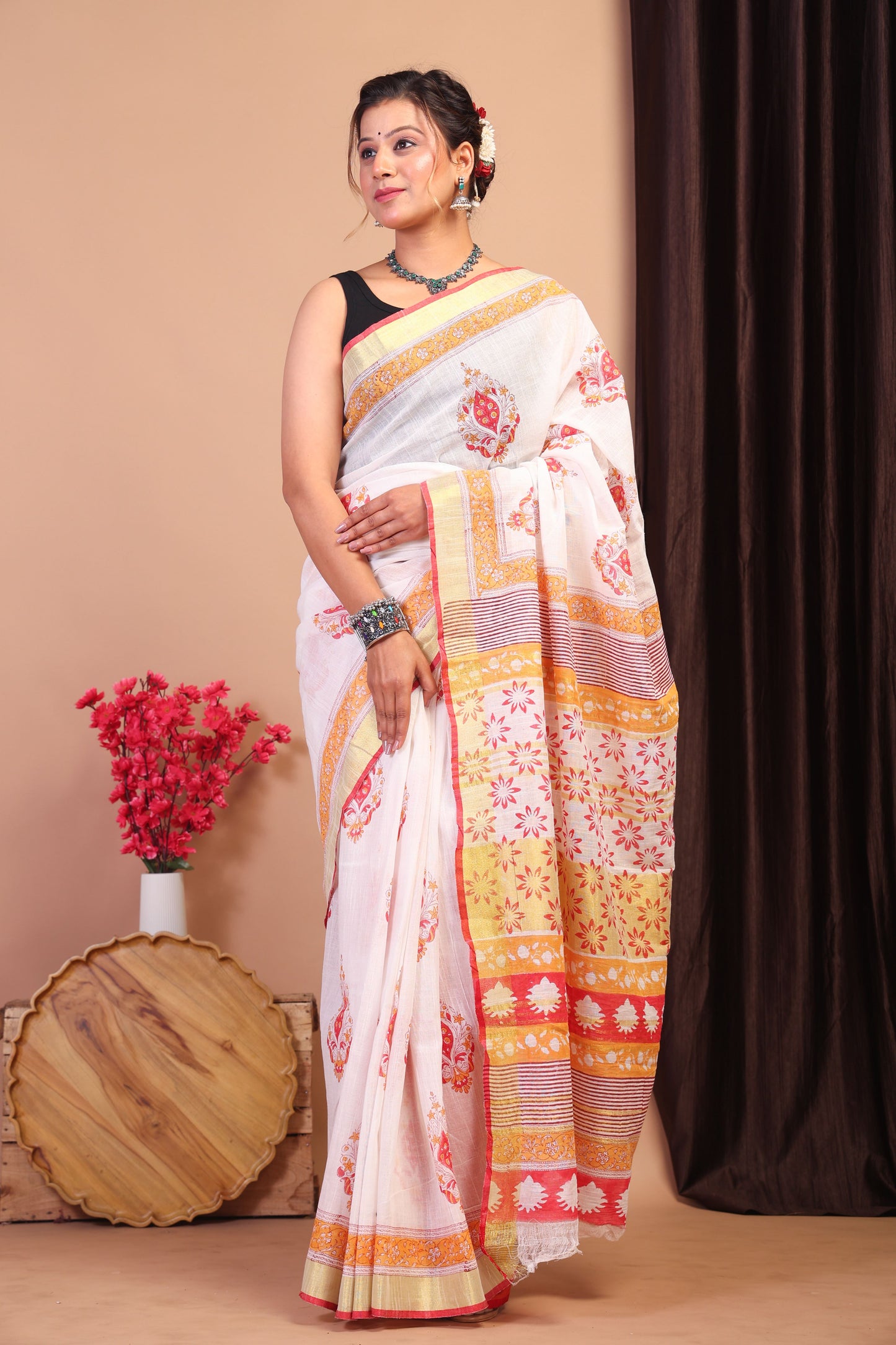 Anuttara Bhagalpuri Multicolor Cotton Linen Hand Block Saree with Blouse_AFS1094-FS