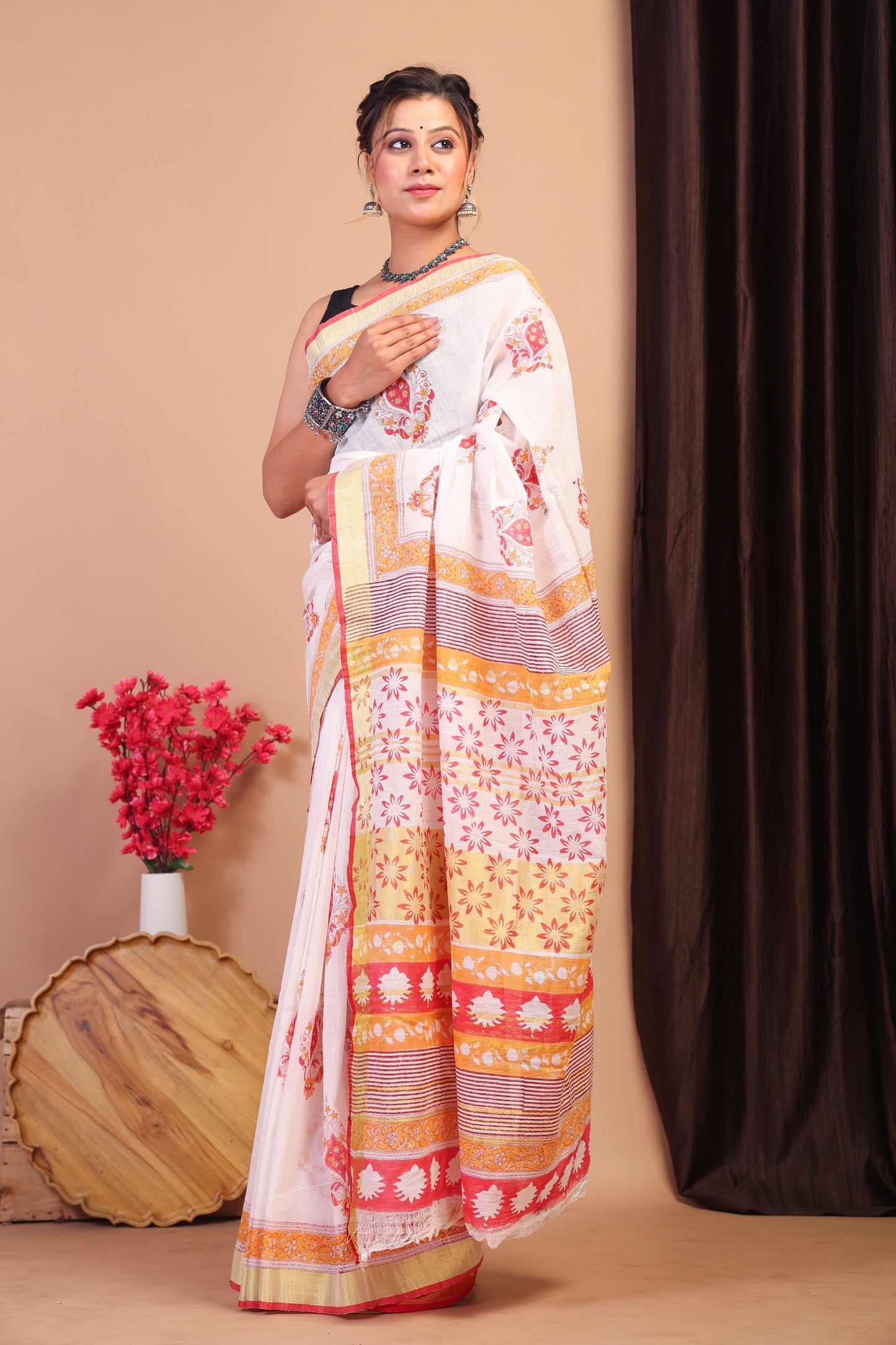 Anuttara Bhagalpuri Multicolor Cotton Linen Hand Block Saree with Blouse_AFS1094-FS