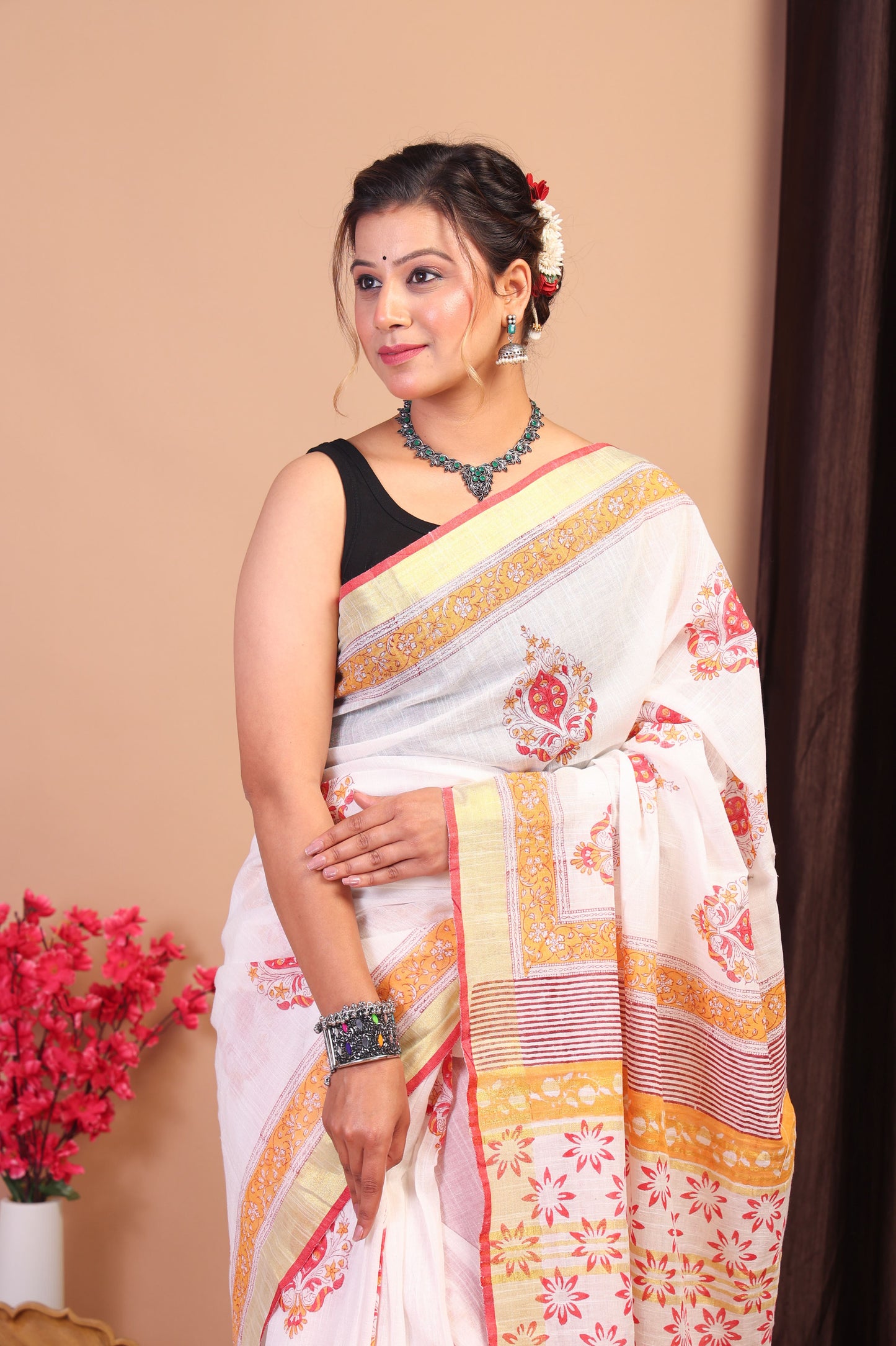 Anuttara Bhagalpuri Multicolor Cotton Linen Hand Block Saree with Blouse_AFS1094-FS