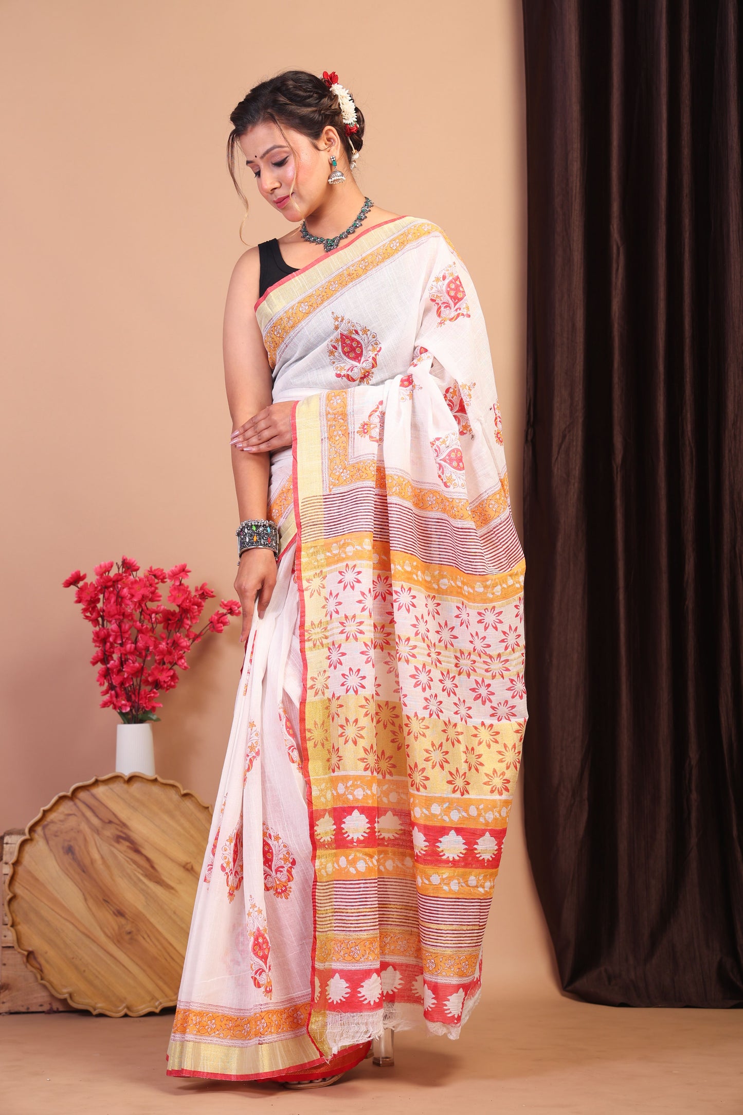 Anuttara Bhagalpuri Multicolor Cotton Linen Hand Block Saree with Blouse_AFS1094-FS