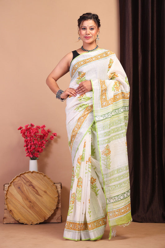 Anuttara Bhagalpuri Multicolor Cotton Linen Hand Block Saree with Blouse_AFS1097-FS