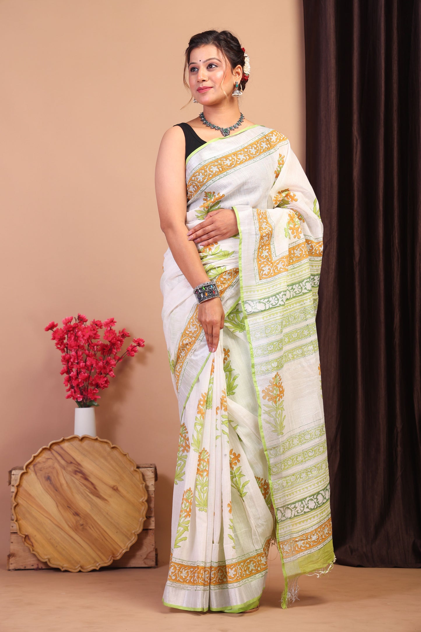 Anuttara Bhagalpuri Multicolor Cotton Linen Hand Block Saree with Blouse_AFS1097-FS
