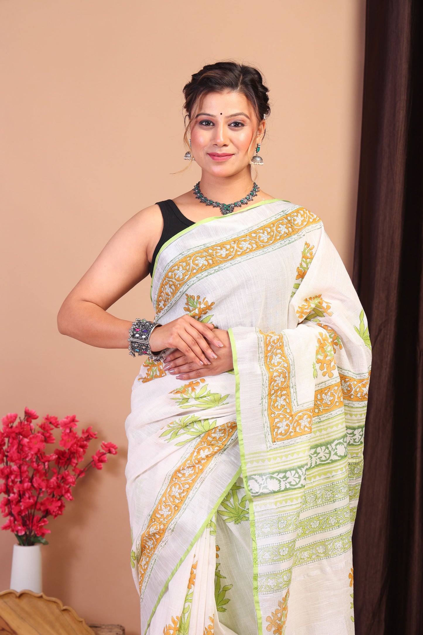 Anuttara Bhagalpuri Multicolor Cotton Linen Hand Block Saree with Blouse_AFS1097-FS