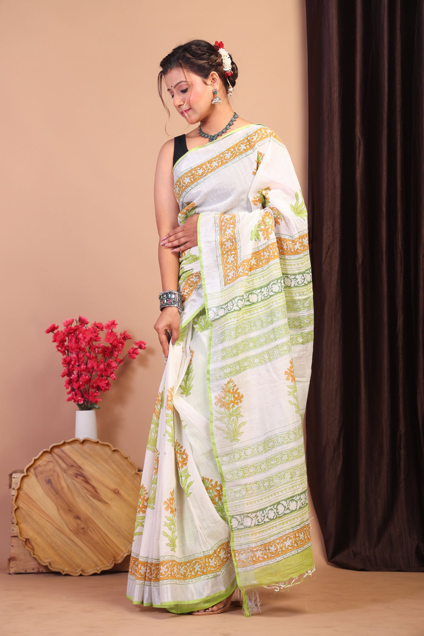 Anuttara Bhagalpuri Multicolor Cotton Linen Hand Block Saree with Blouse_AFS1097-FS