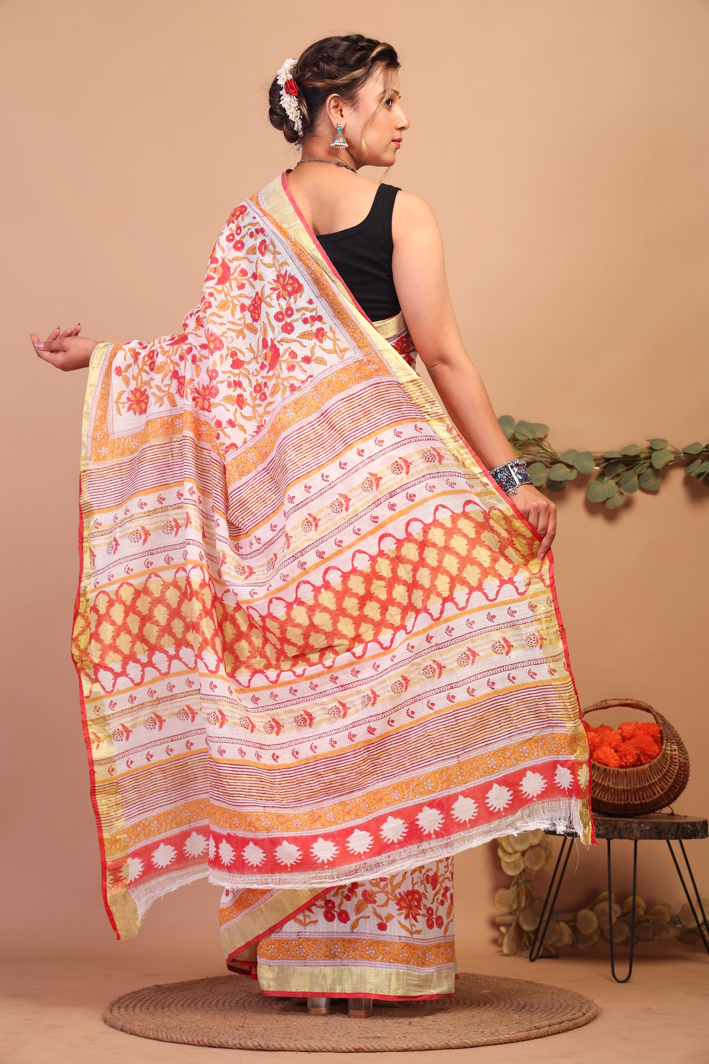 Anuttara Bhagalpuri Multicolor Cotton Linen Hand Block Saree with Blouse_AFS1099-FS
