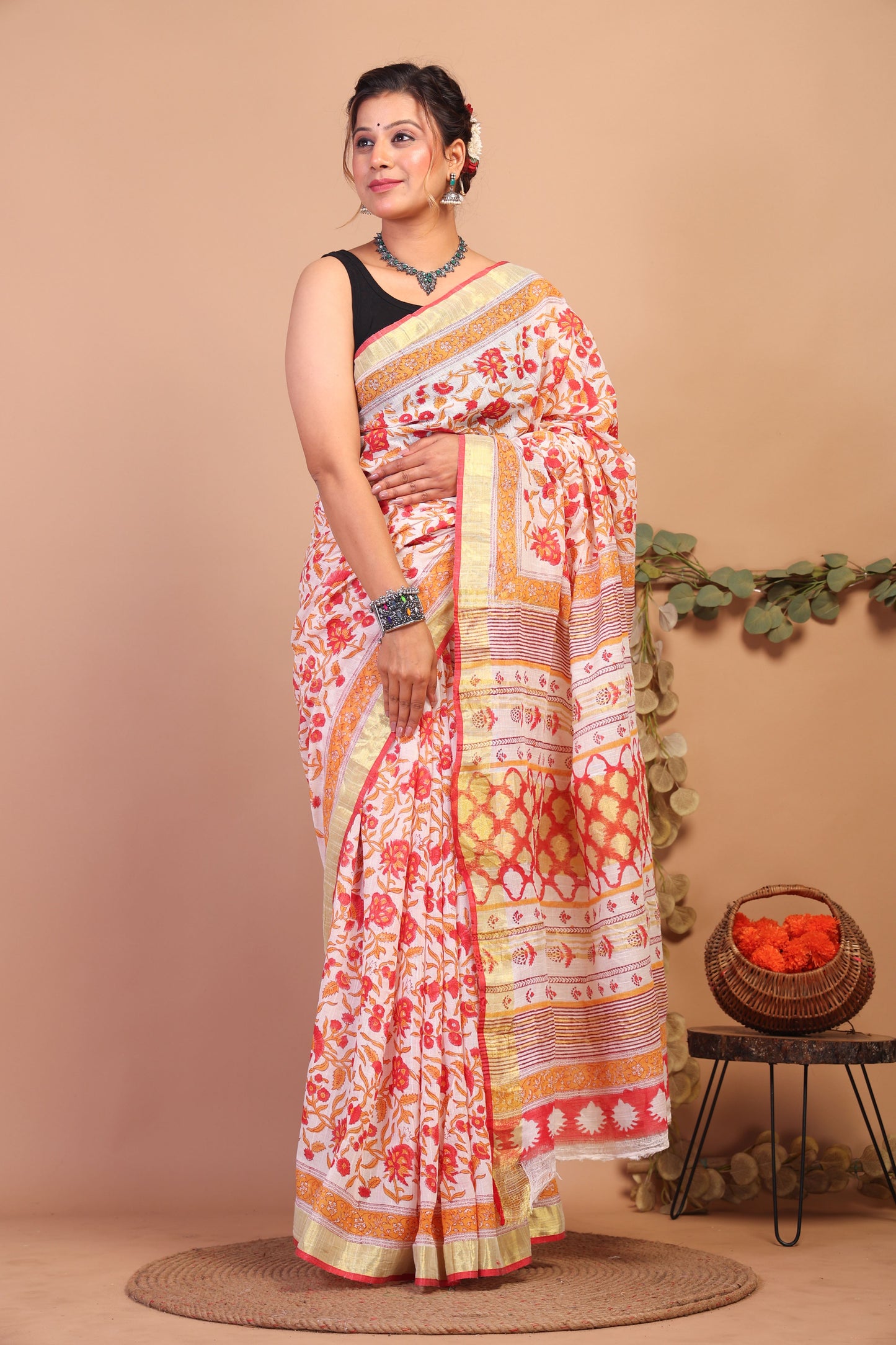 Anuttara Bhagalpuri Multicolor Cotton Linen Hand Block Saree with Blouse_AFS1099-FS