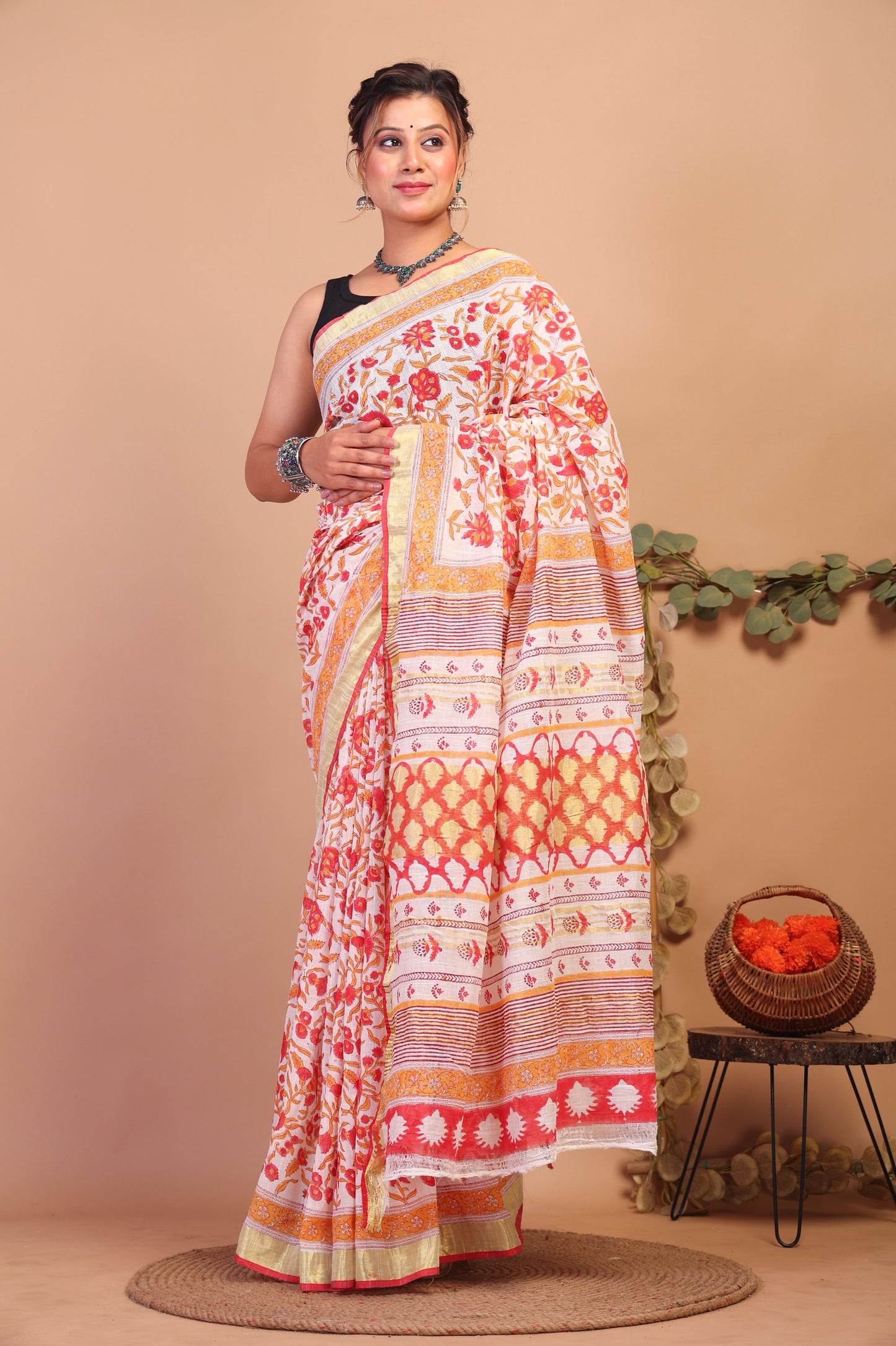 Anuttara Bhagalpuri Multicolor Cotton Linen Hand Block Saree with Blouse_AFS1099-FS