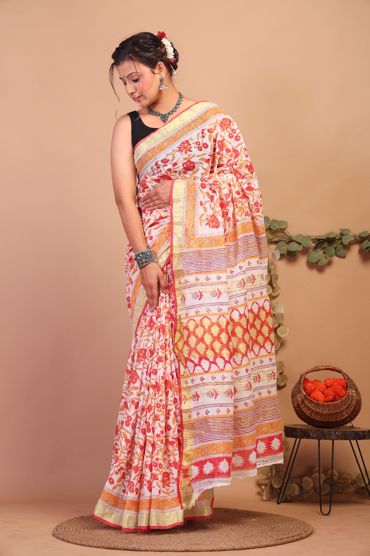 Anuttara Bhagalpuri Multicolor Cotton Linen Hand Block Saree with Blouse_AFS1099-FS