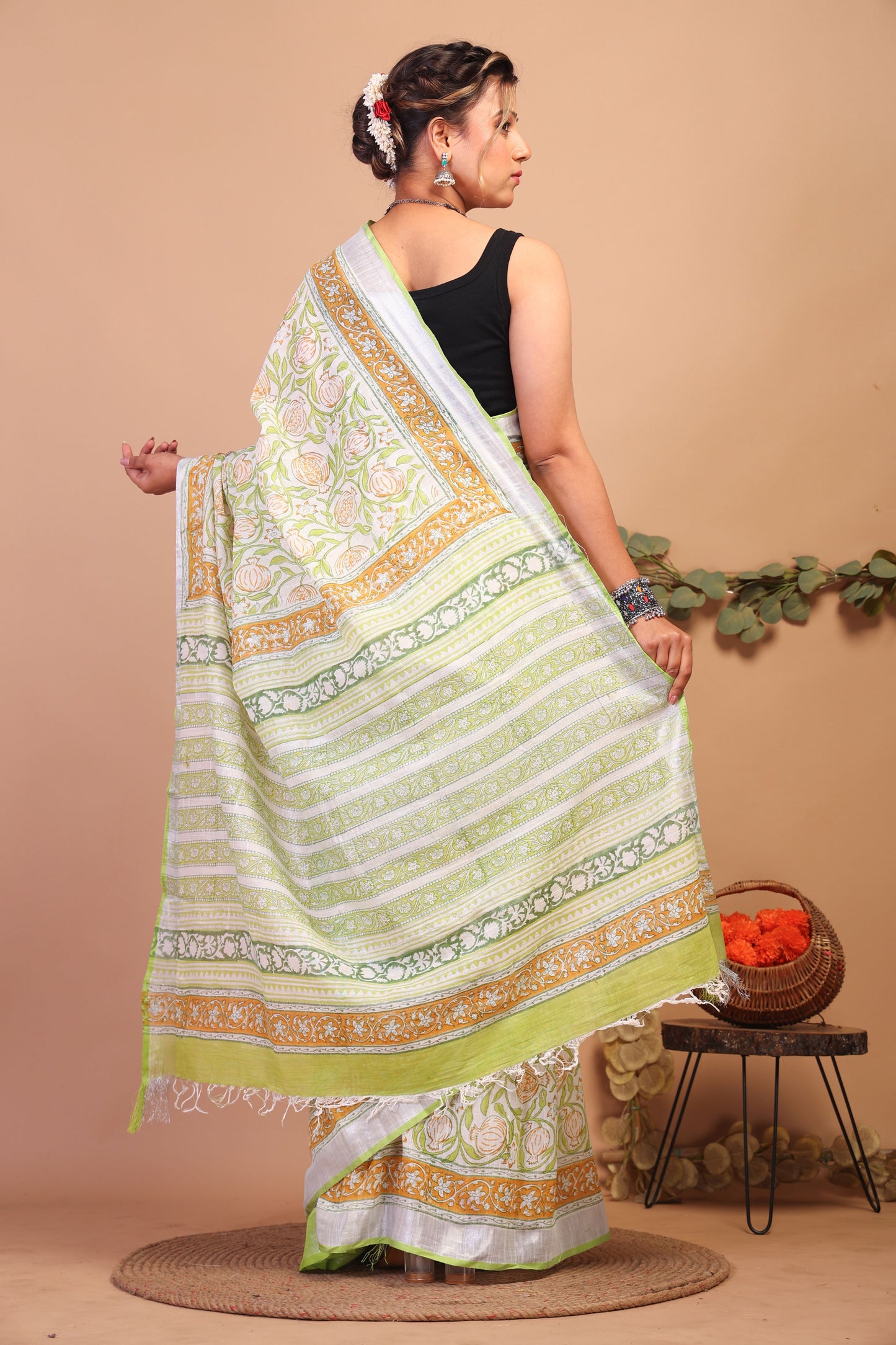 Anuttara Bhagalpuri Lime Green Cotton Linen Hand Block Saree with Blouse_AFS1101-FS