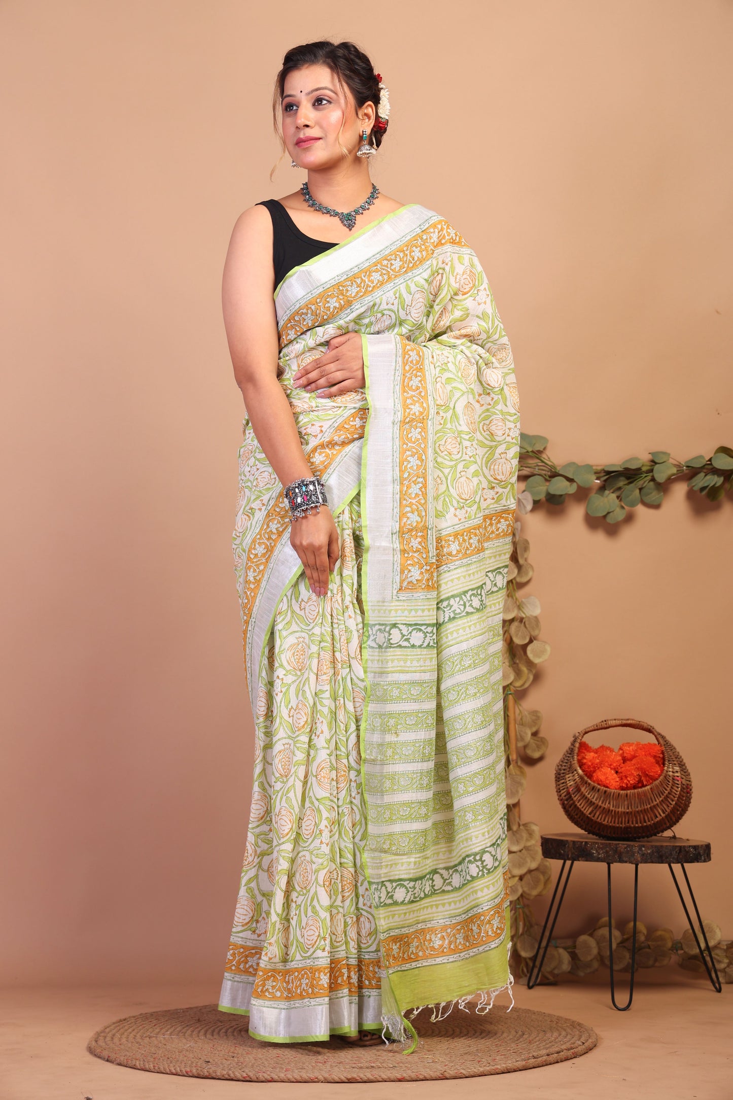 Anuttara Bhagalpuri Lime Green Cotton Linen Hand Block Saree with Blouse_AFS1101-FS