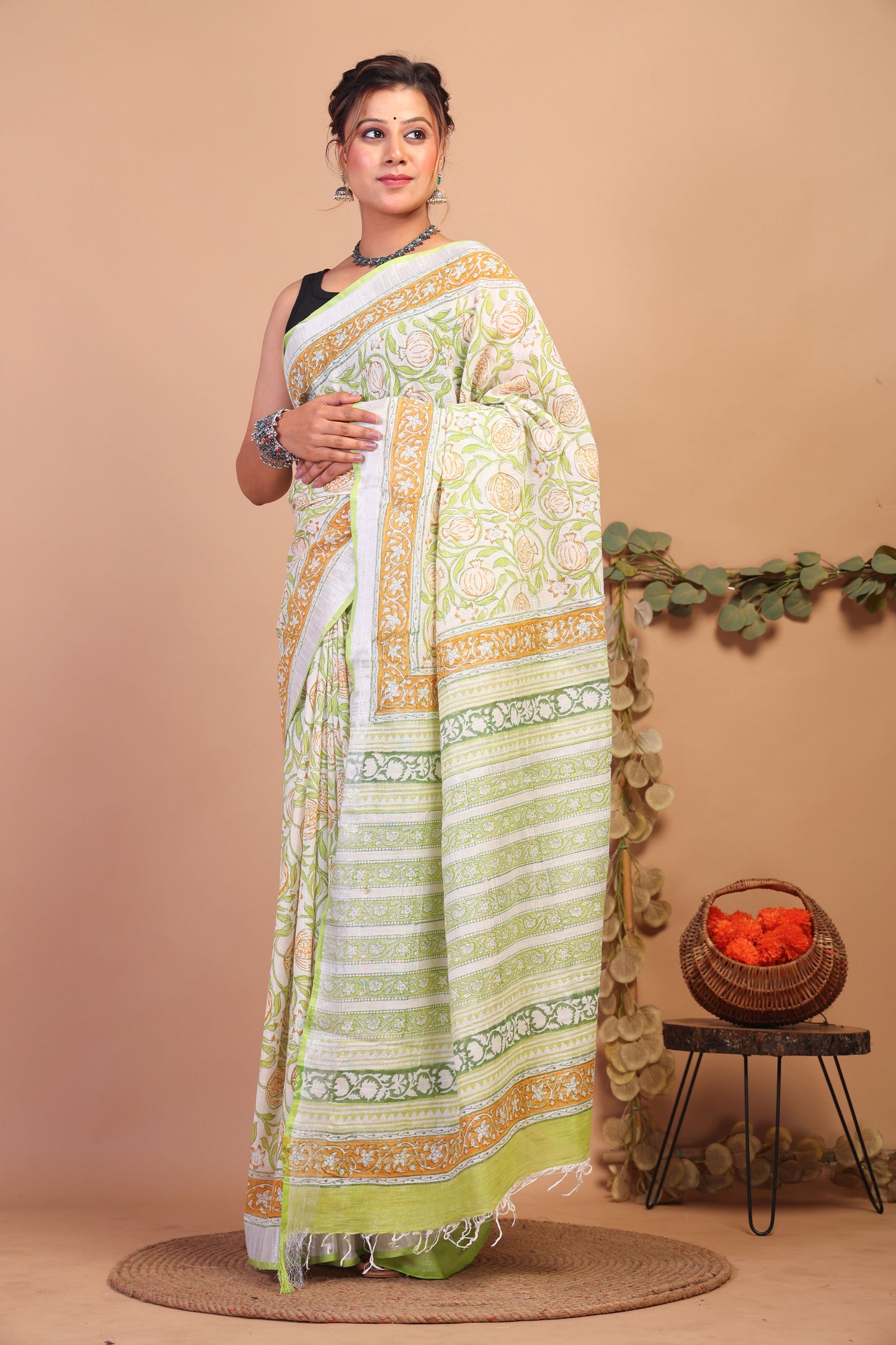 Anuttara Bhagalpuri Lime Green Cotton Linen Hand Block Saree with Blouse_AFS1101-FS