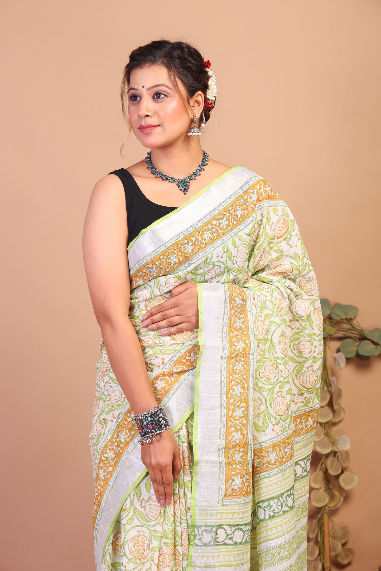 Anuttara Bhagalpuri Lime Green Cotton Linen Hand Block Saree with Blouse_AFS1101-FS