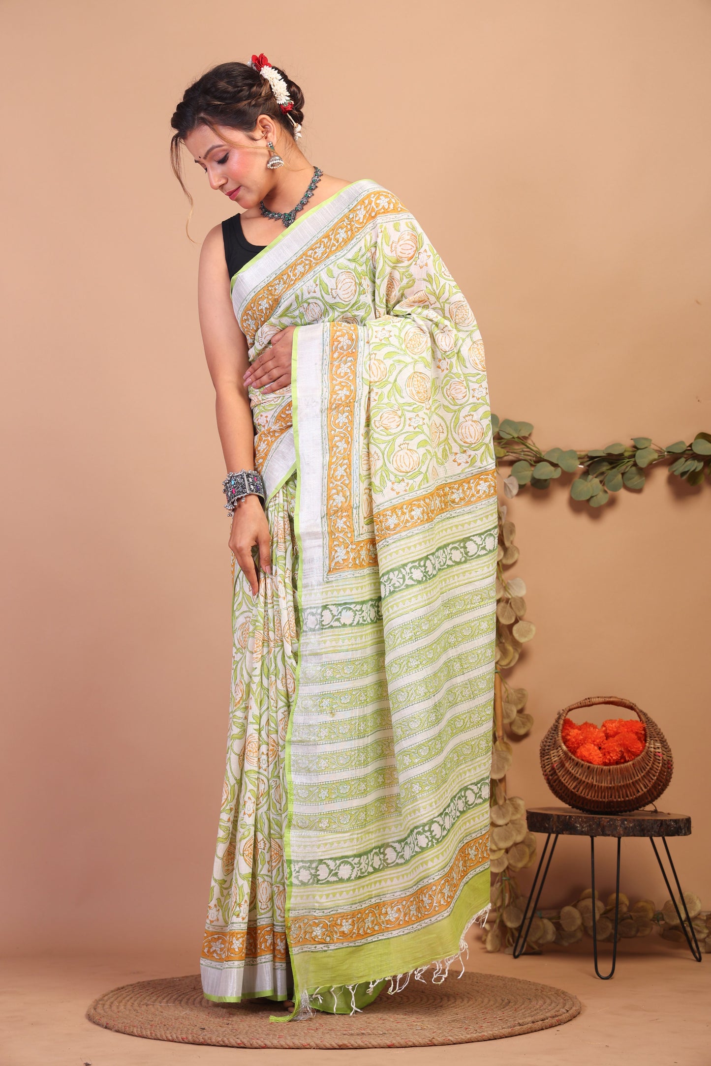 Anuttara Bhagalpuri Lime Green Cotton Linen Hand Block Saree with Blouse_AFS1101-FS