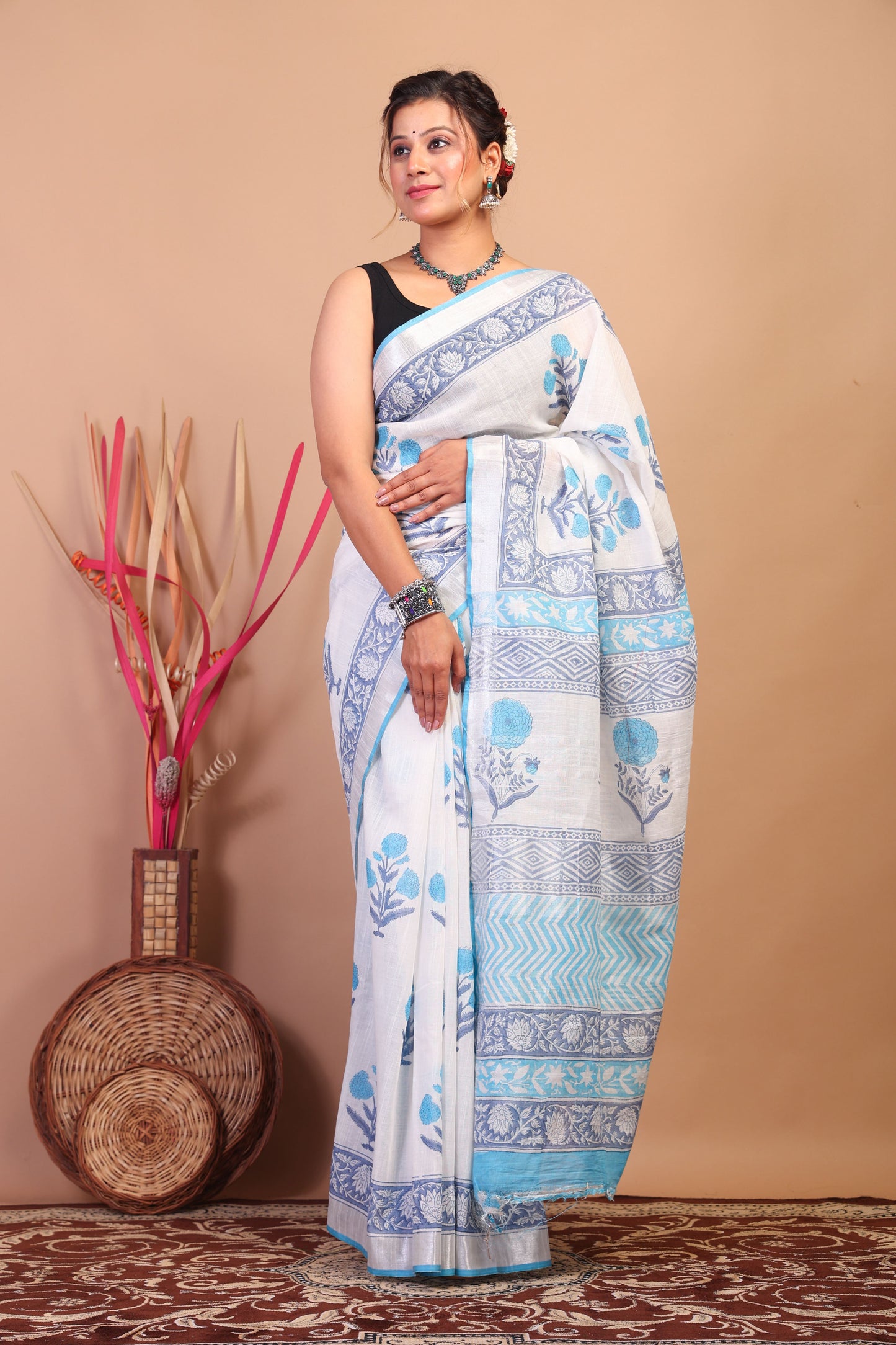 Anuttara Bhagalpuri White:Blue Cotton Linen Hand Block Saree with Blouse_AFS1102-FS