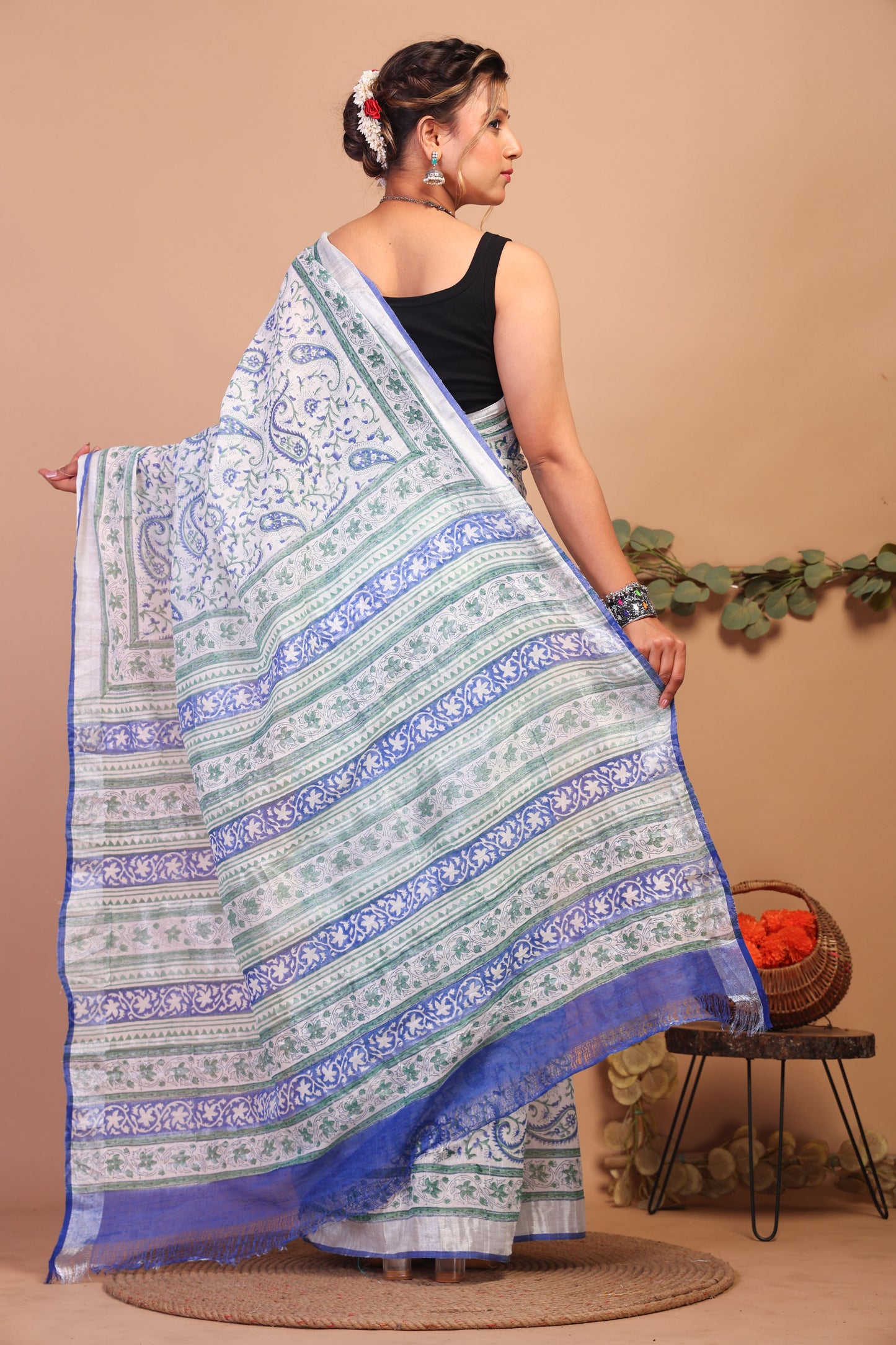 Anuttara Bhagalpuri Multicolor Cotton Linen Hand Block Saree with Blouse_AFS1103-FS
