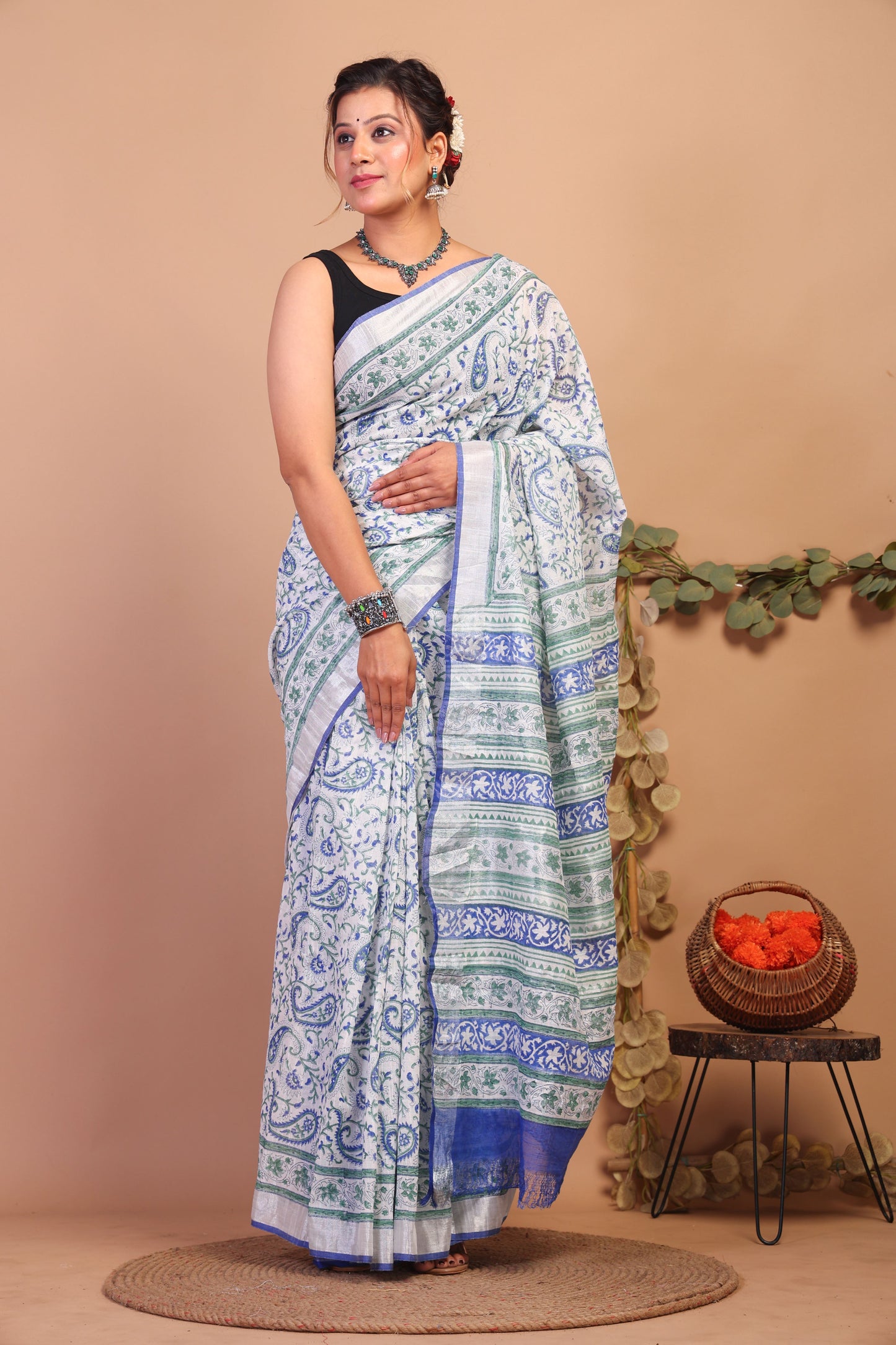 Anuttara Bhagalpuri Multicolor Cotton Linen Hand Block Saree with Blouse_AFS1103-FS