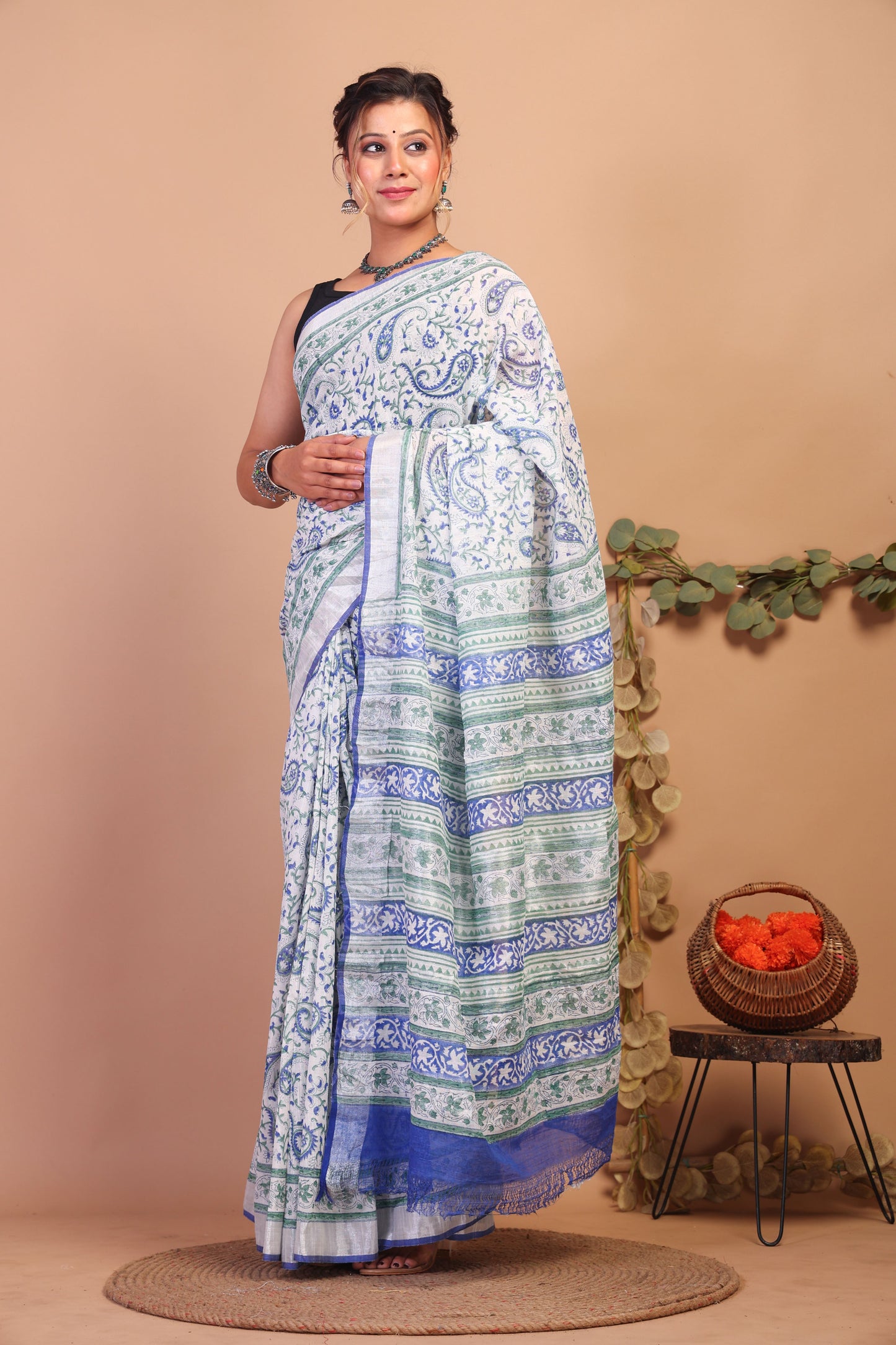 Anuttara Bhagalpuri Multicolor Cotton Linen Hand Block Saree with Blouse_AFS1103-FS