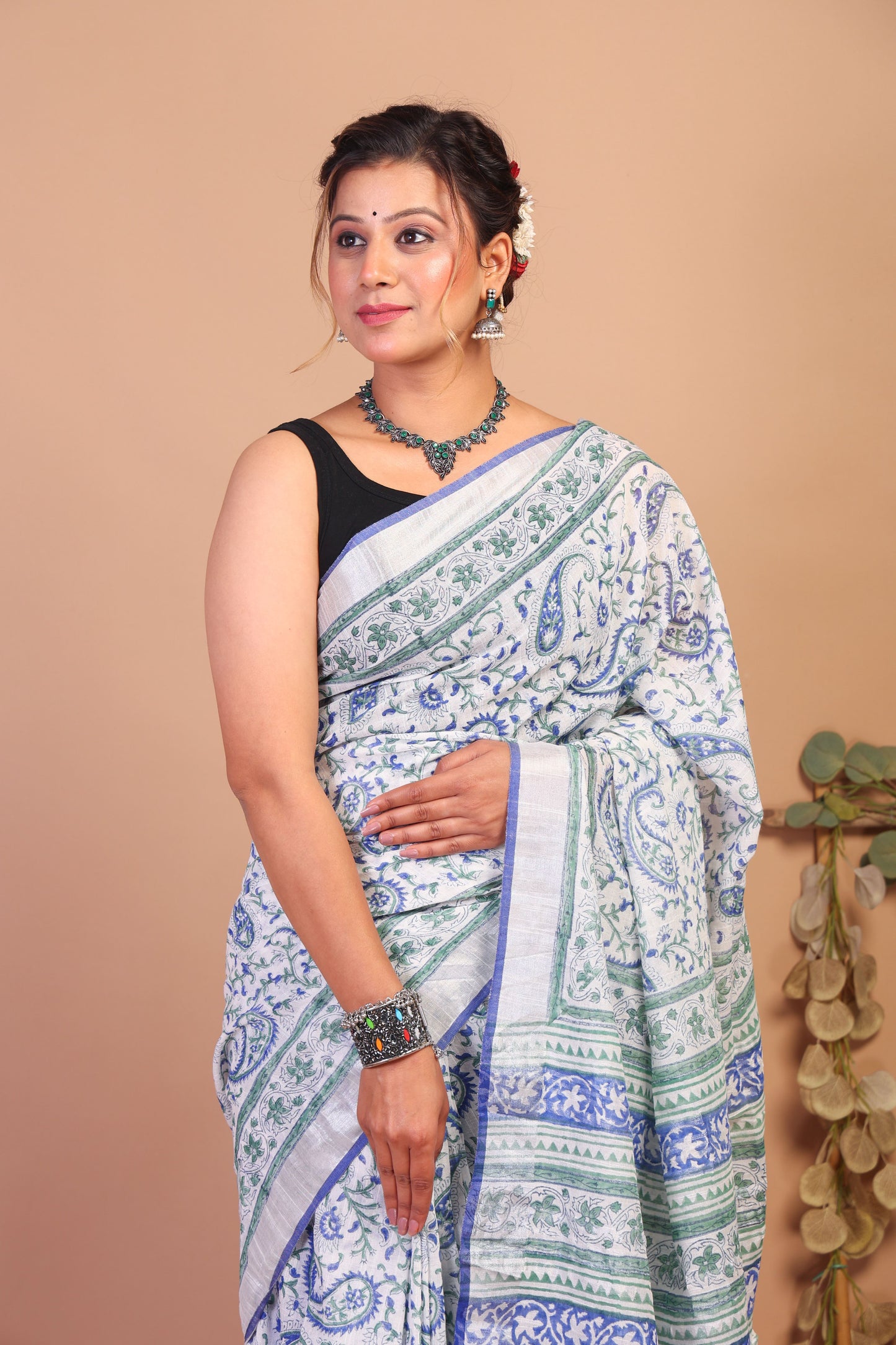 Anuttara Bhagalpuri Multicolor Cotton Linen Hand Block Saree with Blouse_AFS1103-FS