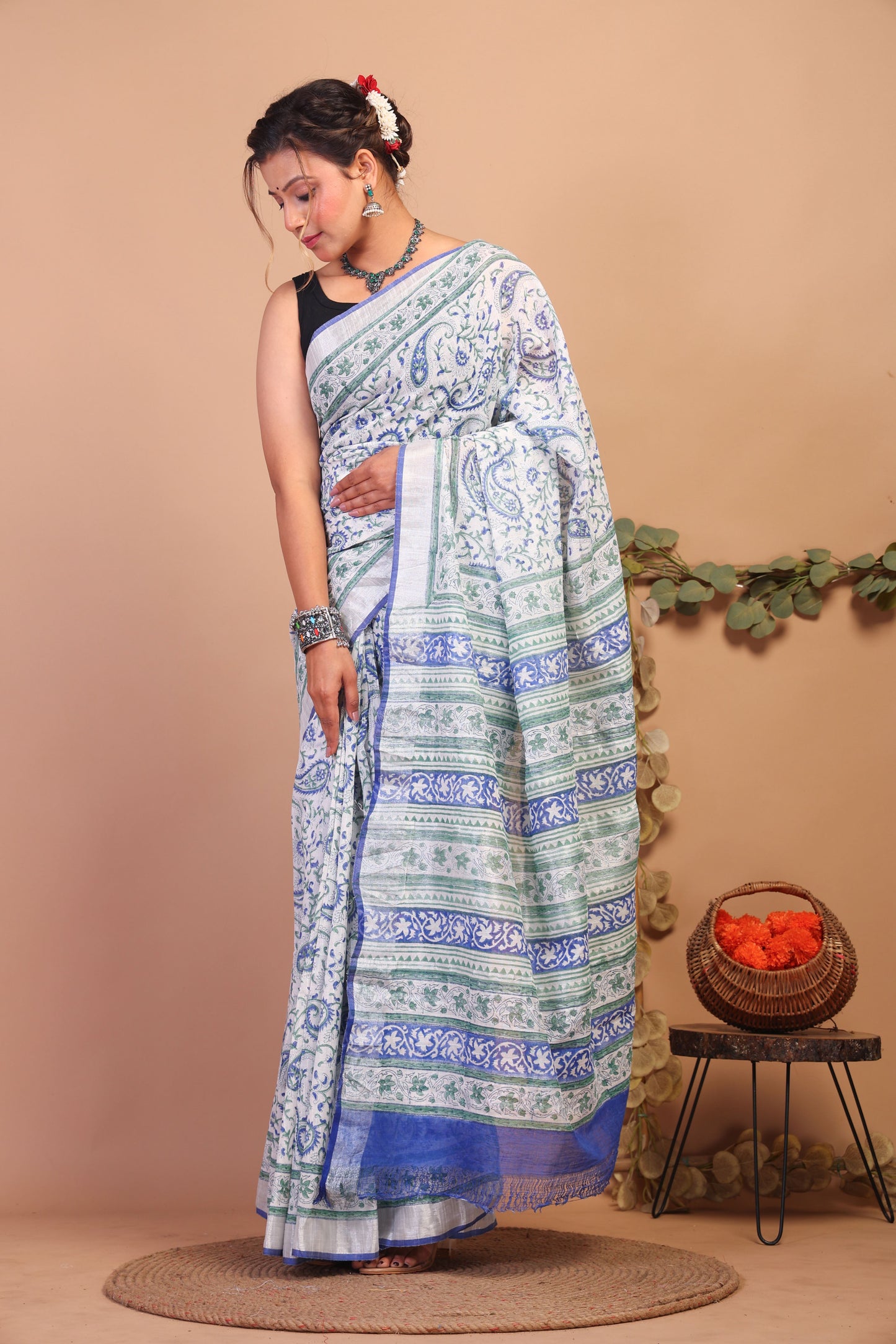 Anuttara Bhagalpuri Multicolor Cotton Linen Hand Block Saree with Blouse_AFS1103-FS