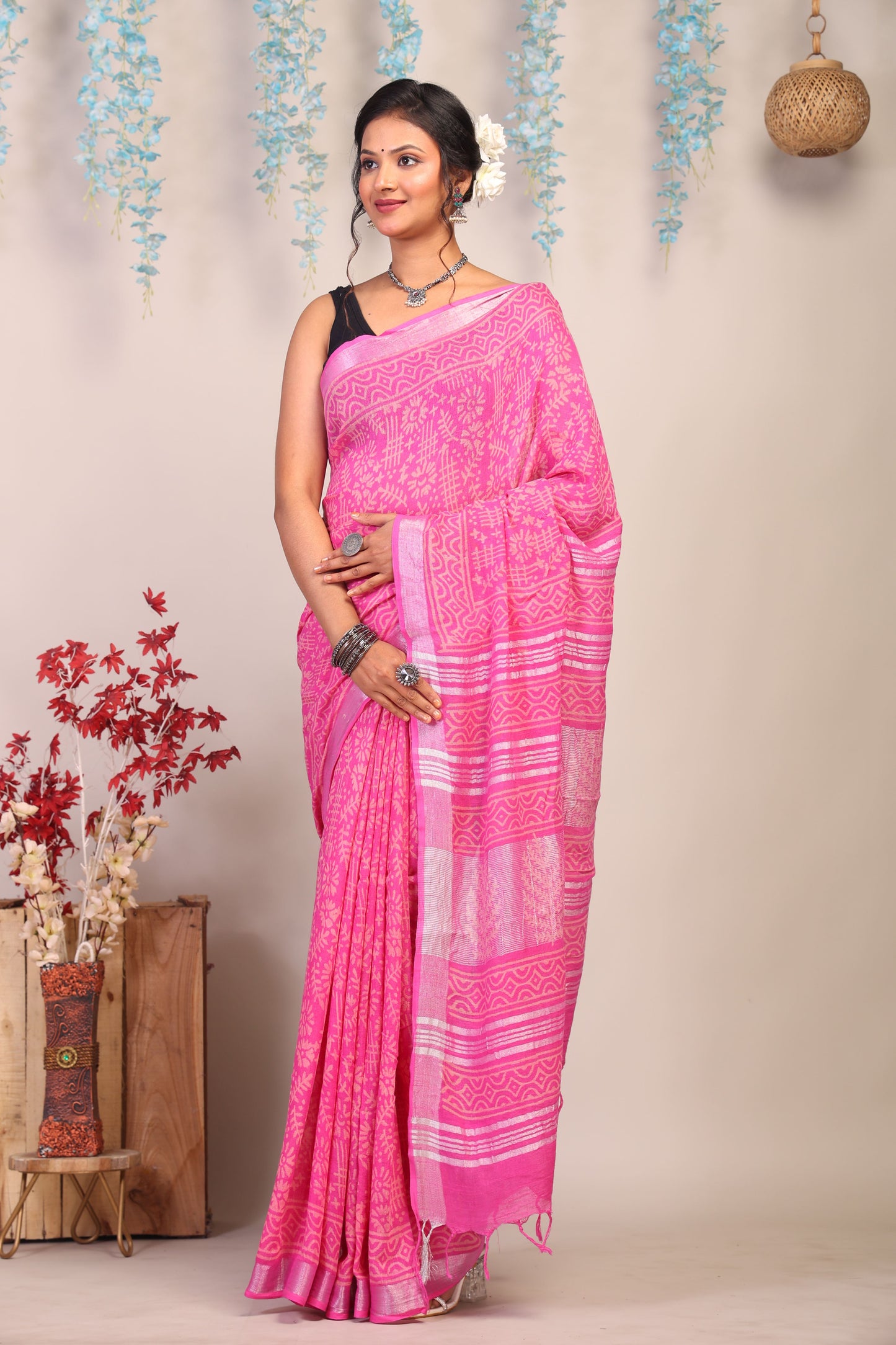 Anuttara Bhagalpuri Pink Cotton Linen Hand Block Saree with Blouse_AFS1105-FS