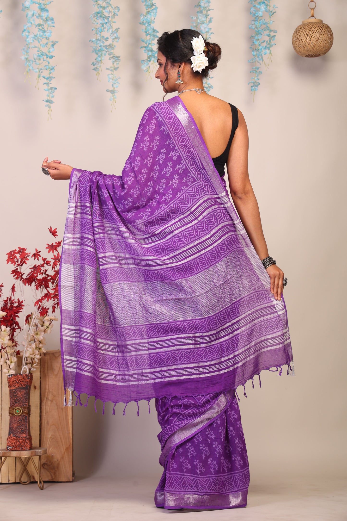 Anuttara Bhagalpuri Purple Cotton Linen Hand Block Saree with Blouse_AFS1110-FS