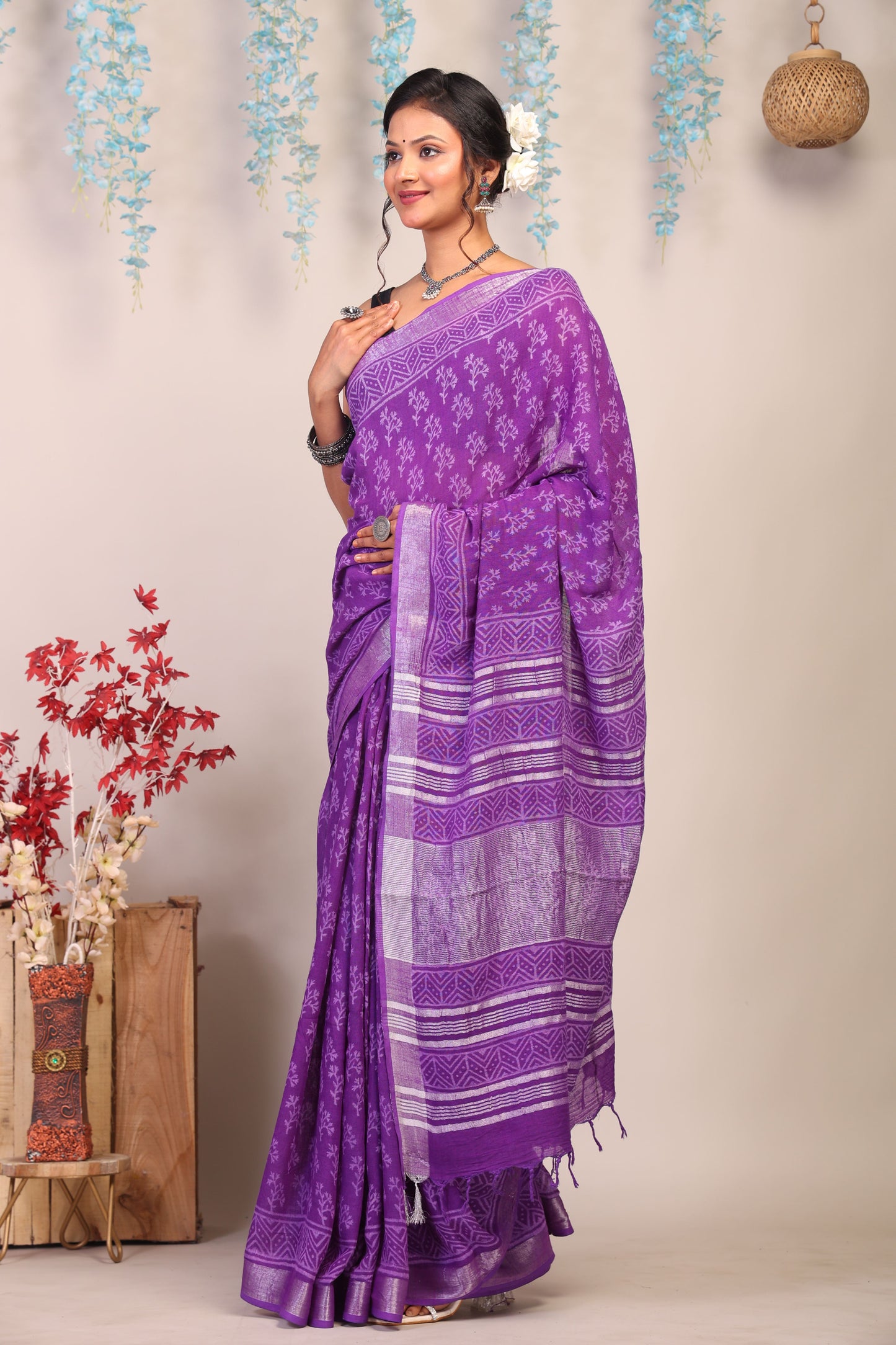 Anuttara Bhagalpuri Purple Cotton Linen Hand Block Saree with Blouse_AFS1110-FS