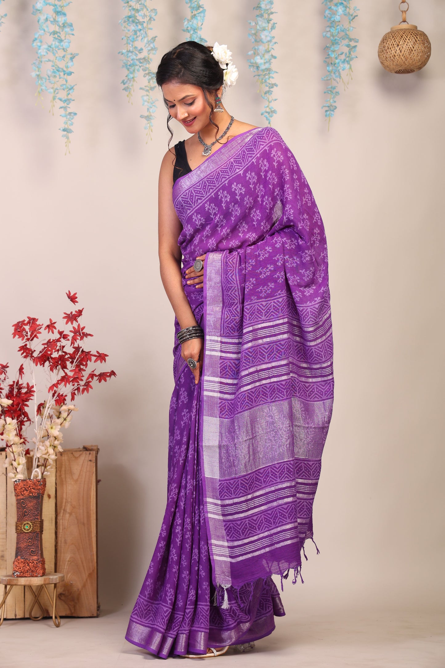 Anuttara Bhagalpuri Purple Cotton Linen Hand Block Saree with Blouse_AFS1110-FS