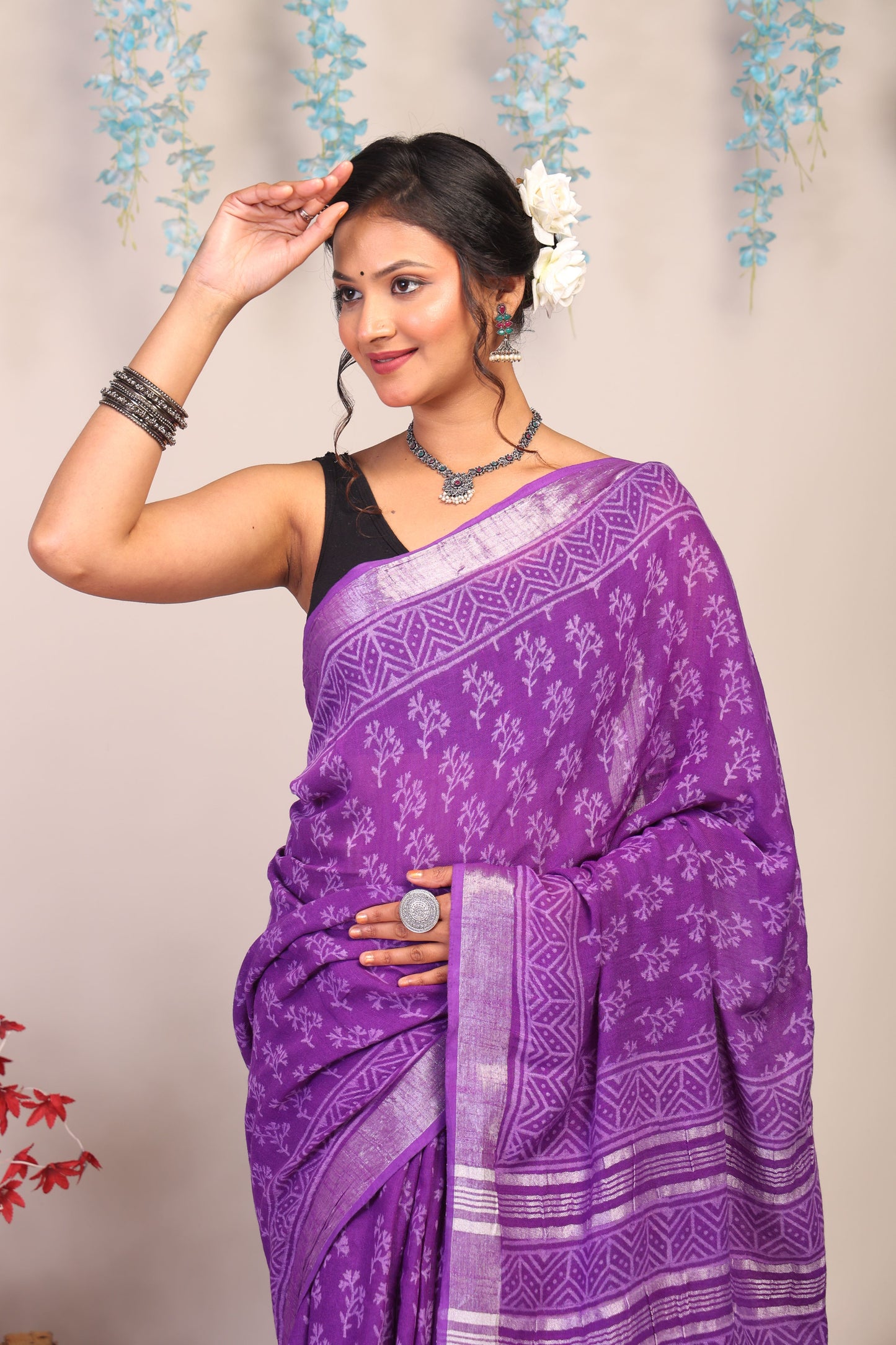 Anuttara Bhagalpuri Purple Cotton Linen Hand Block Saree with Blouse_AFS1110-FS