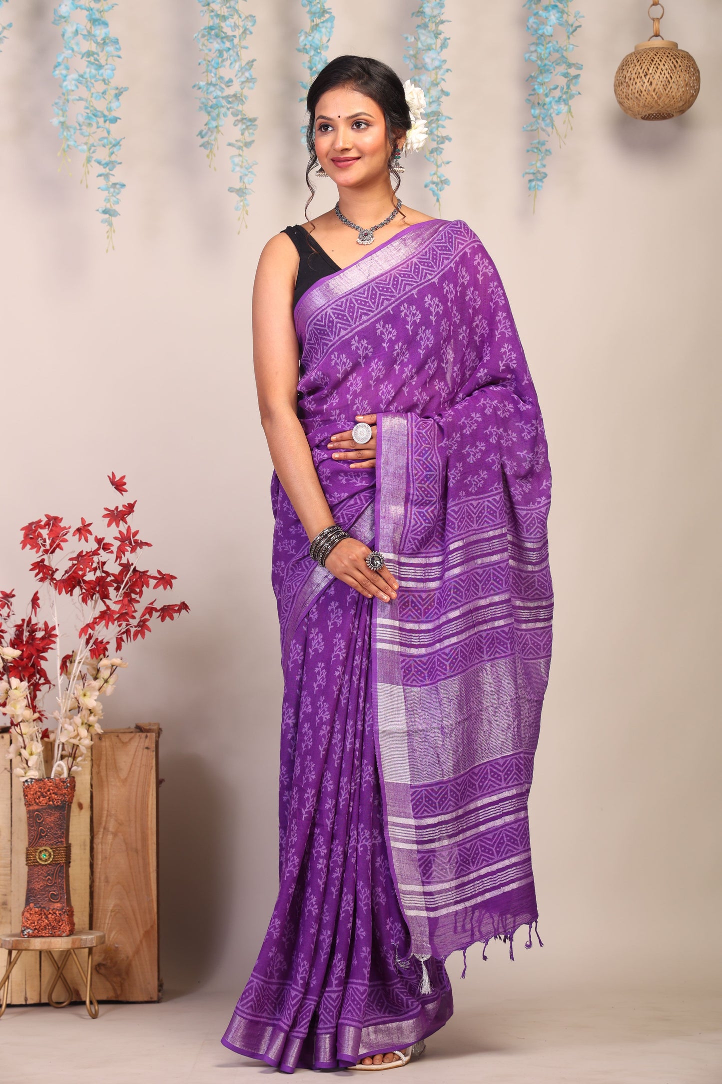 Anuttara Bhagalpuri Purple Cotton Linen Hand Block Saree with Blouse_AFS1110-FS