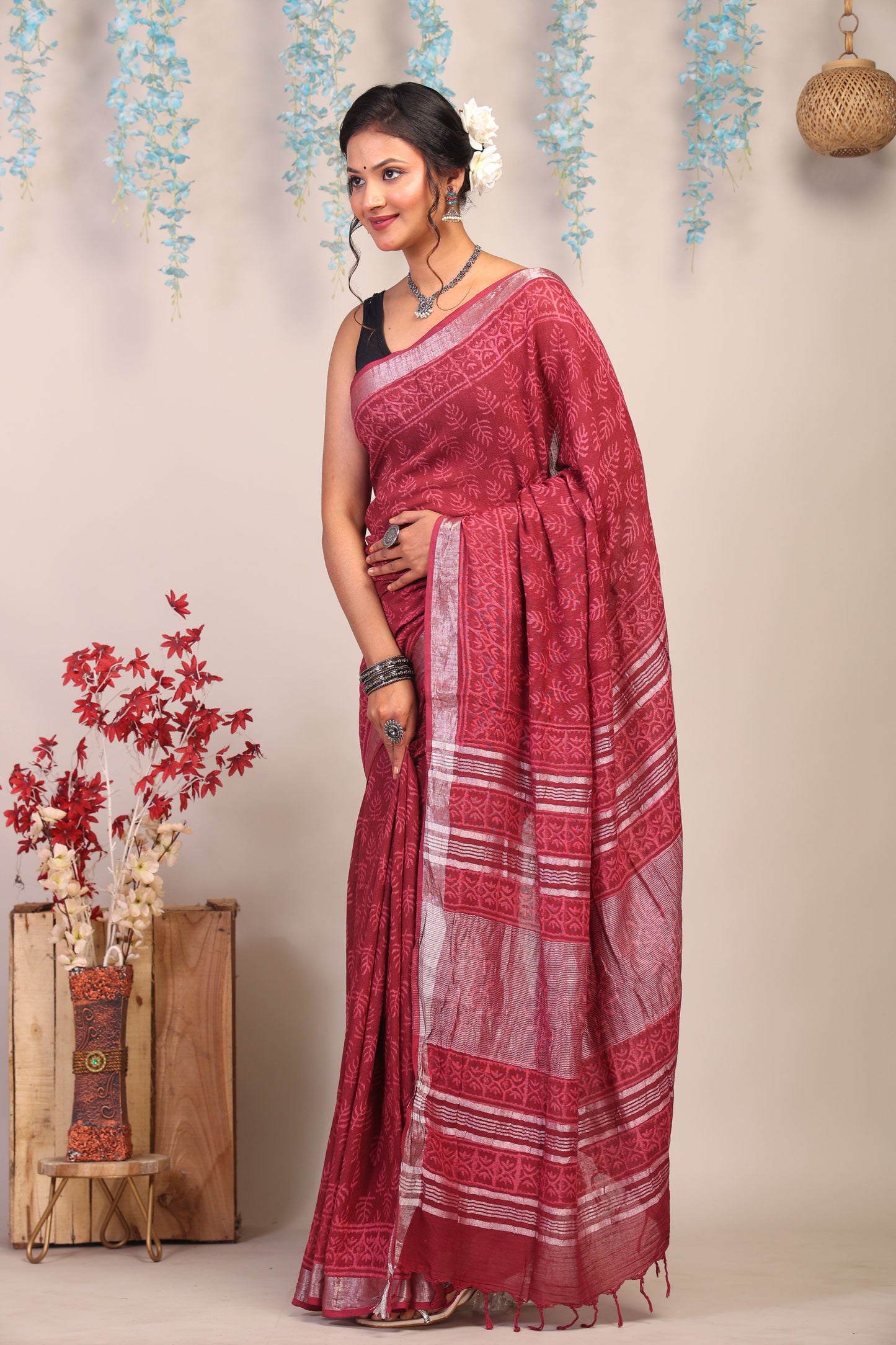 Anuttara Bhagalpuri Maroon Cotton Linen Hand Block Saree with Blouse_AFS1114-FS