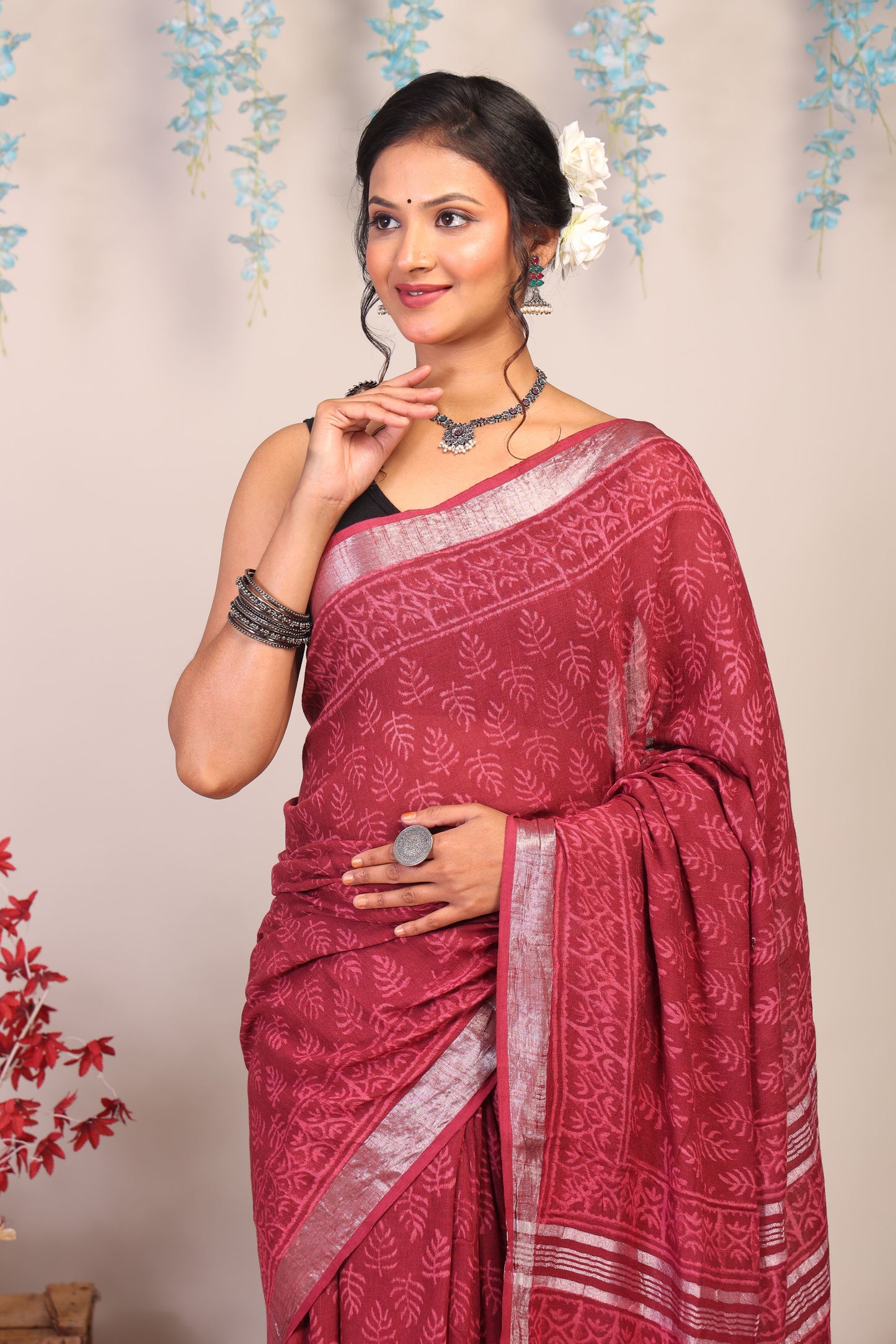 Anuttara Bhagalpuri Maroon Cotton Linen Hand Block Saree with Blouse_AFS1114-FS