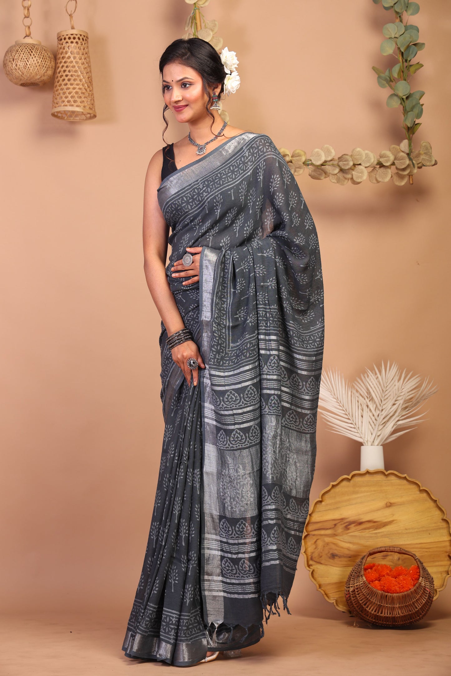 Anuttara Bhagalpuri Gray Cotton Linen Hand Block Saree with Blouse_AFS1115-FS