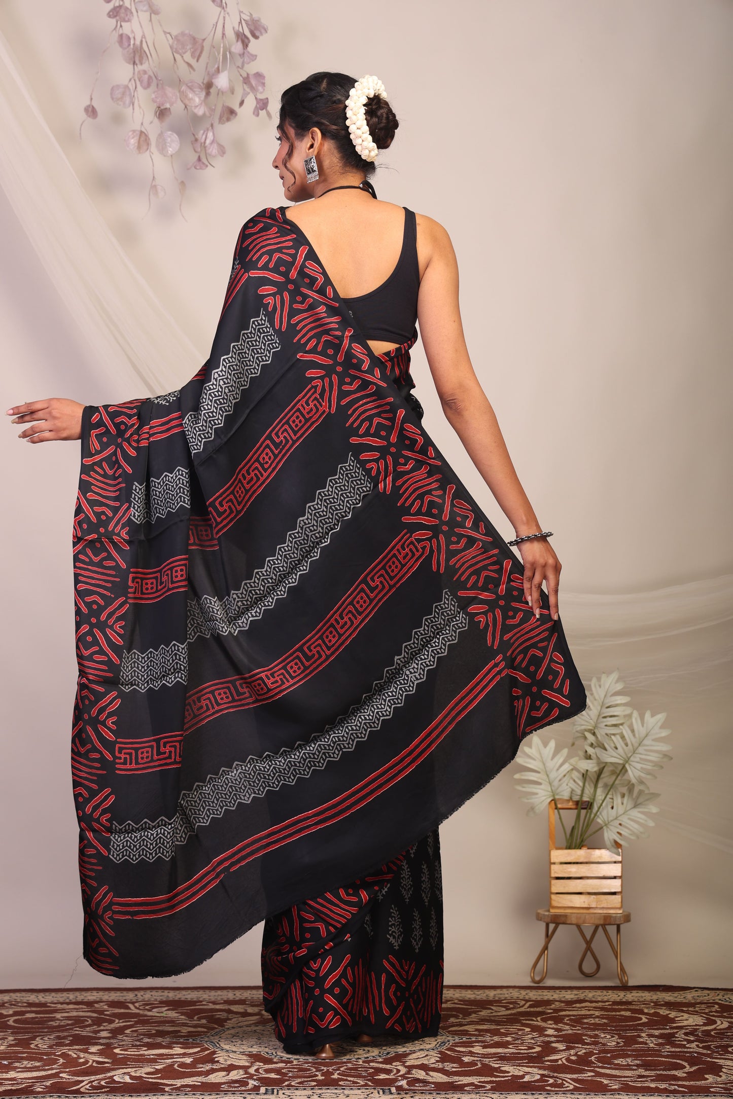 Anuttara Bhagalpuri Black & Grey Modal Silk Floral Saree with Unstitched Blouse_AFS1131-FS
