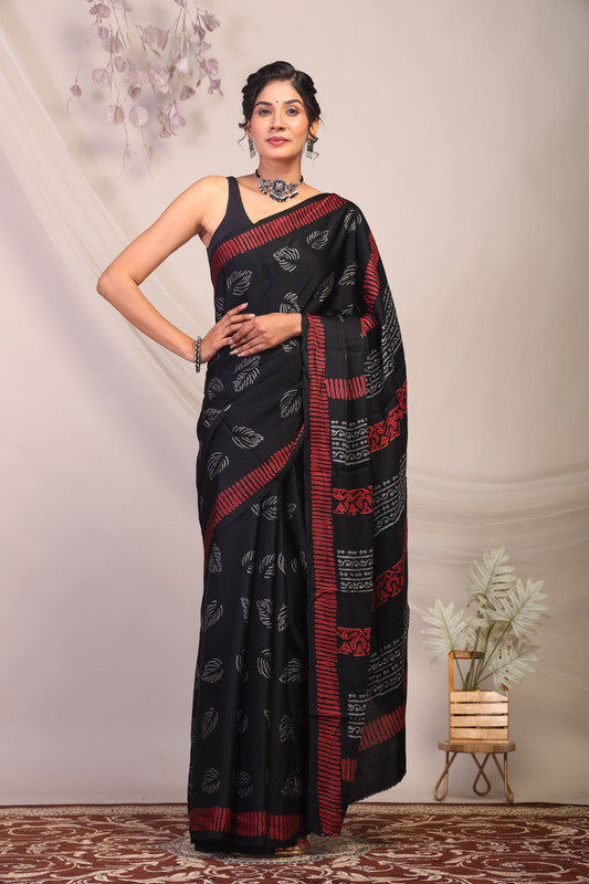 Anuttara Bhagalpuri Black & Grey Modal Silk Floral Saree with Unstitched Blouse_AFS1132-FS