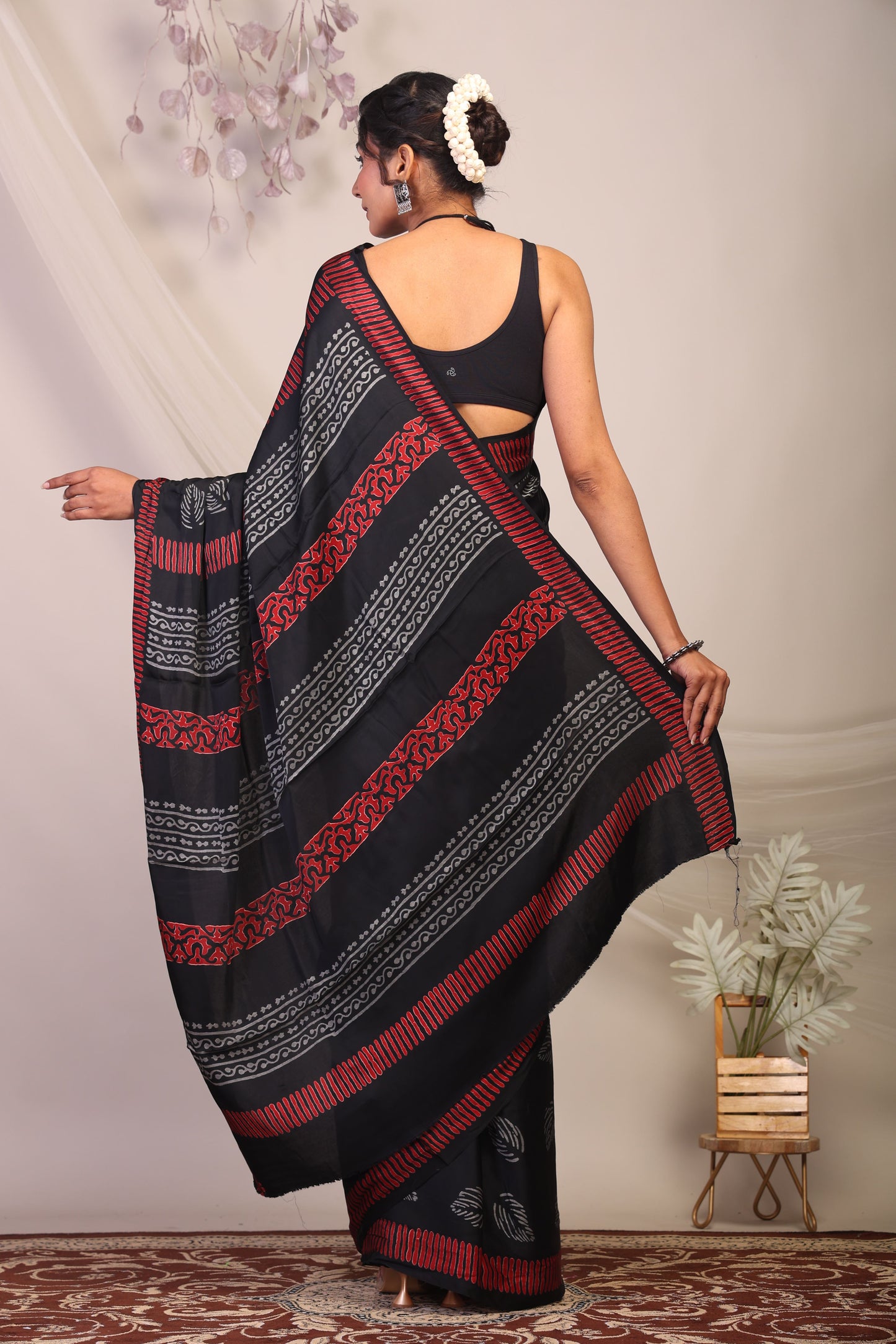 Anuttara Bhagalpuri Black & Grey Modal Silk Floral Saree with Unstitched Blouse_AFS1132-FS