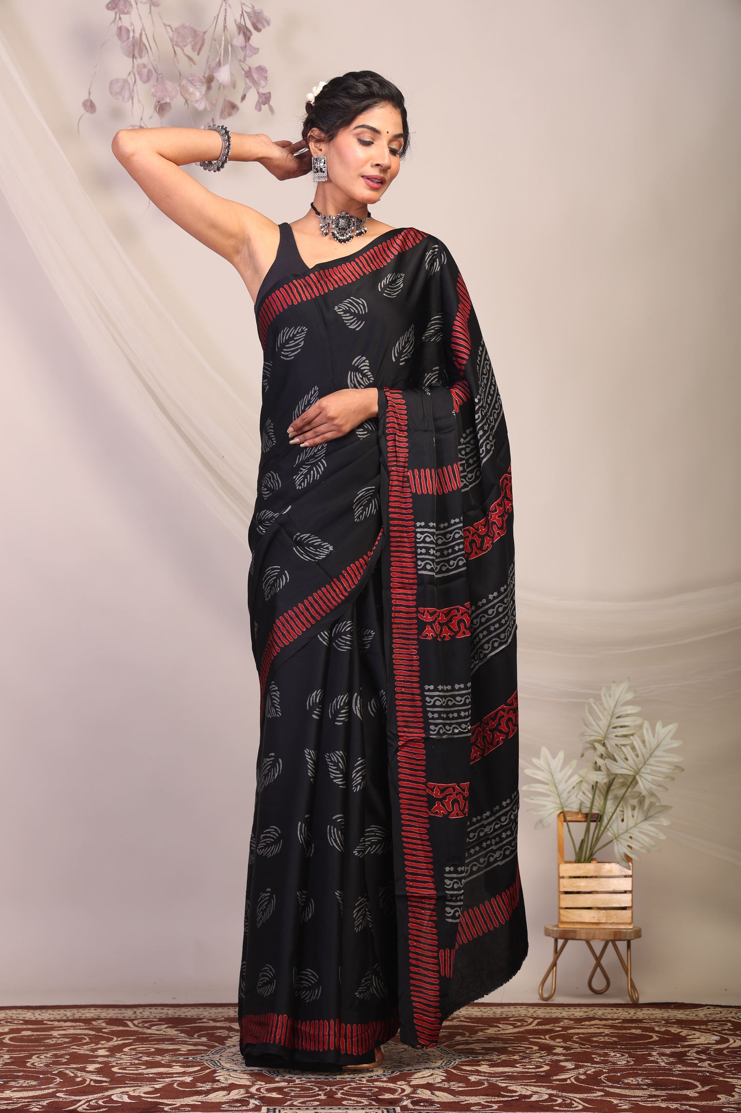 Anuttara Bhagalpuri Black & Grey Modal Silk Floral Saree with Unstitched Blouse_AFS1132-FS