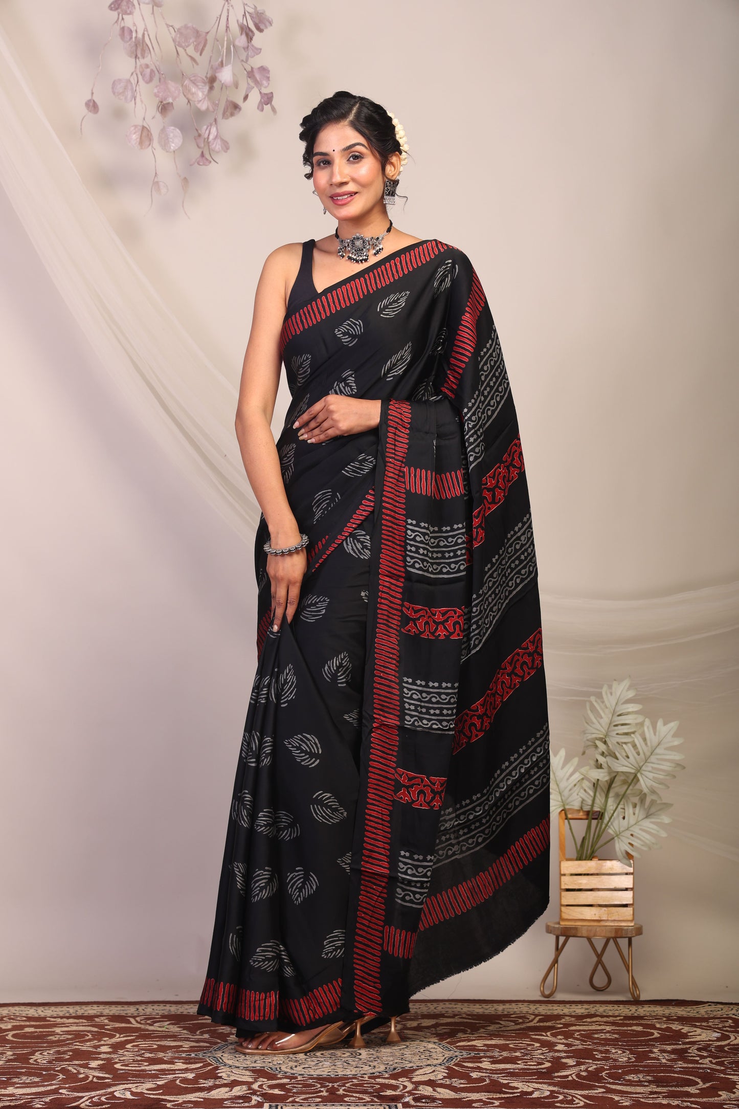 Anuttara Bhagalpuri Black & Grey Modal Silk Floral Saree with Unstitched Blouse_AFS1132-FS