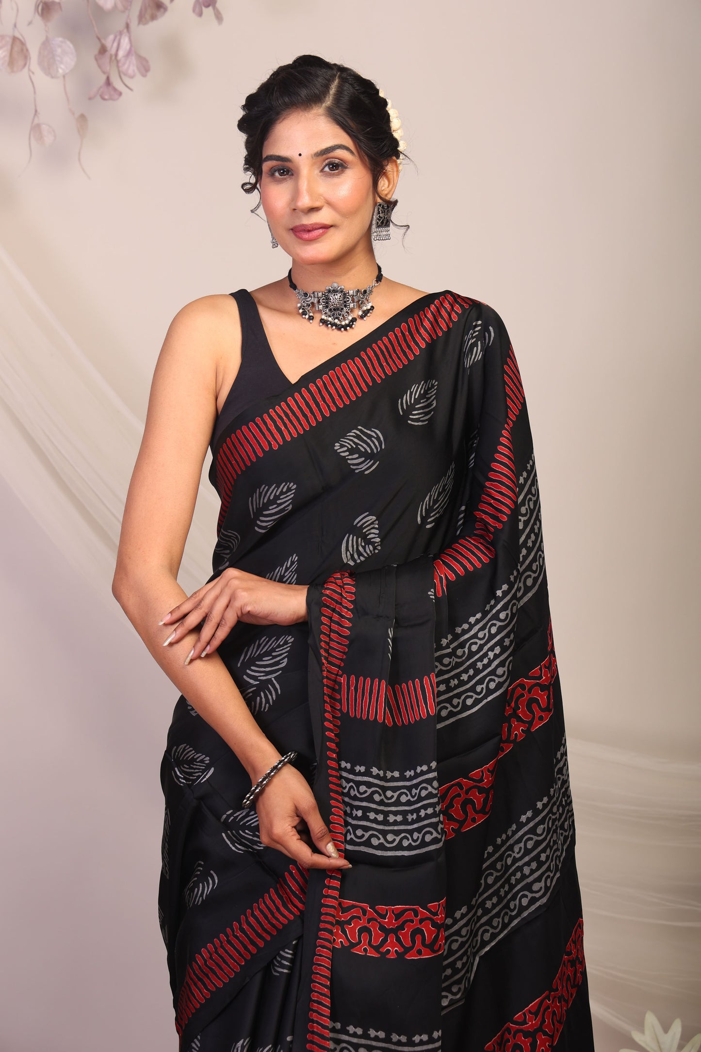 Anuttara Bhagalpuri Black & Grey Modal Silk Floral Saree with Unstitched Blouse_AFS1132-FS