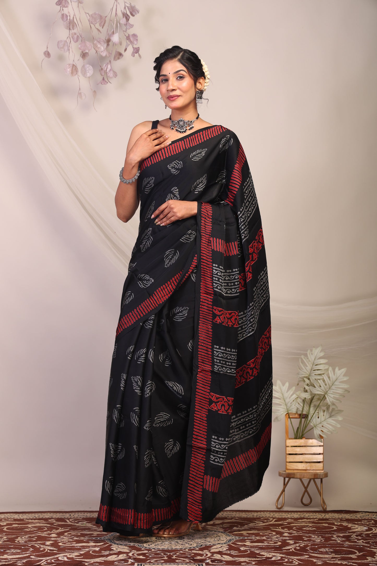 Anuttara Bhagalpuri Black & Grey Modal Silk Floral Saree with Unstitched Blouse_AFS1132-FS