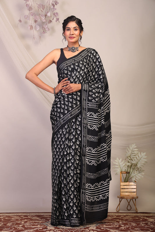 Anuttara Bhagalpuri Black & White Modal Silk Tribal Saree with Unstitched Blouse_AFS1133-FS