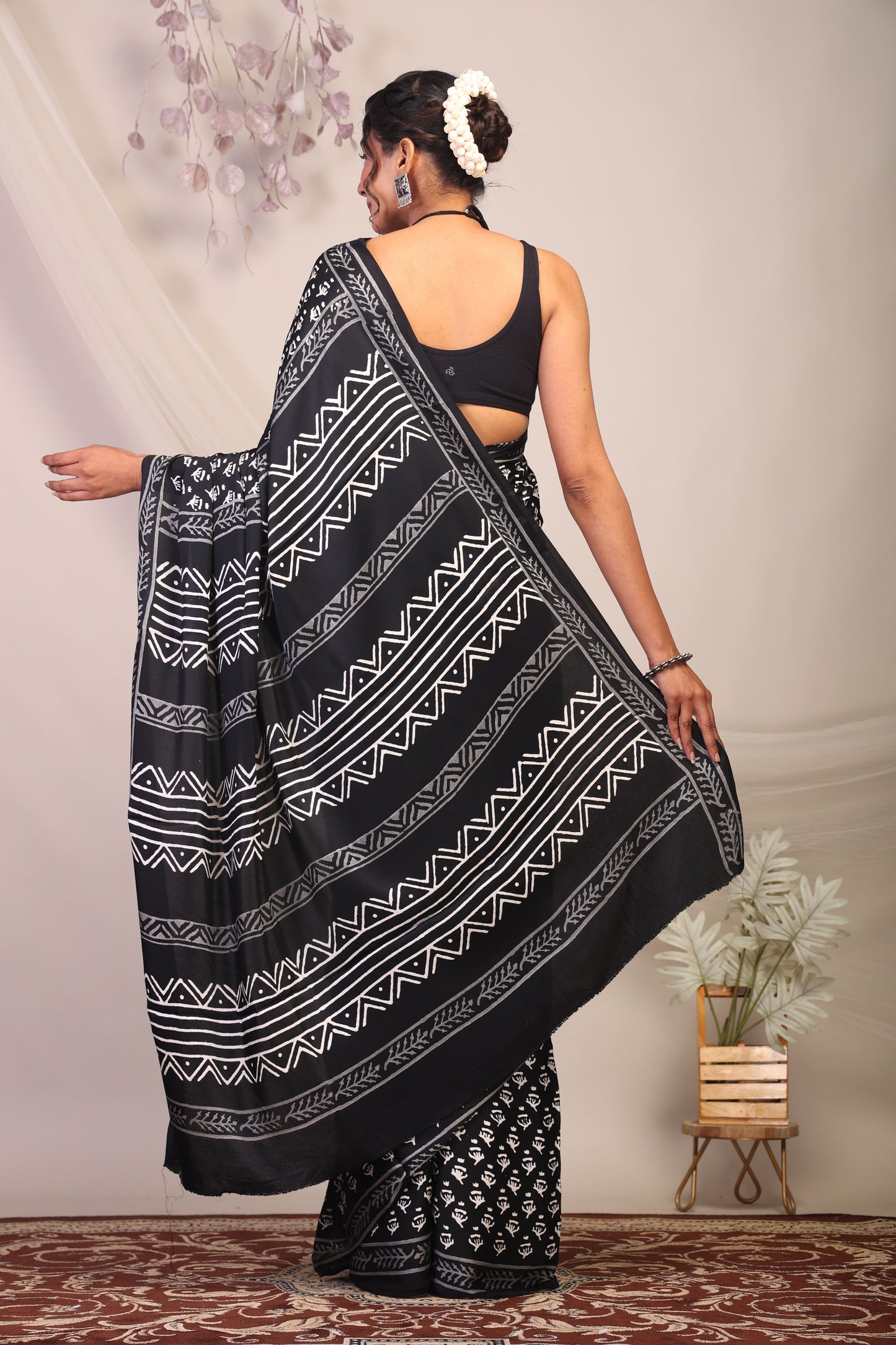 Anuttara Bhagalpuri Black & White Modal Silk Tribal Saree with Unstitched Blouse_AFS1133-FS