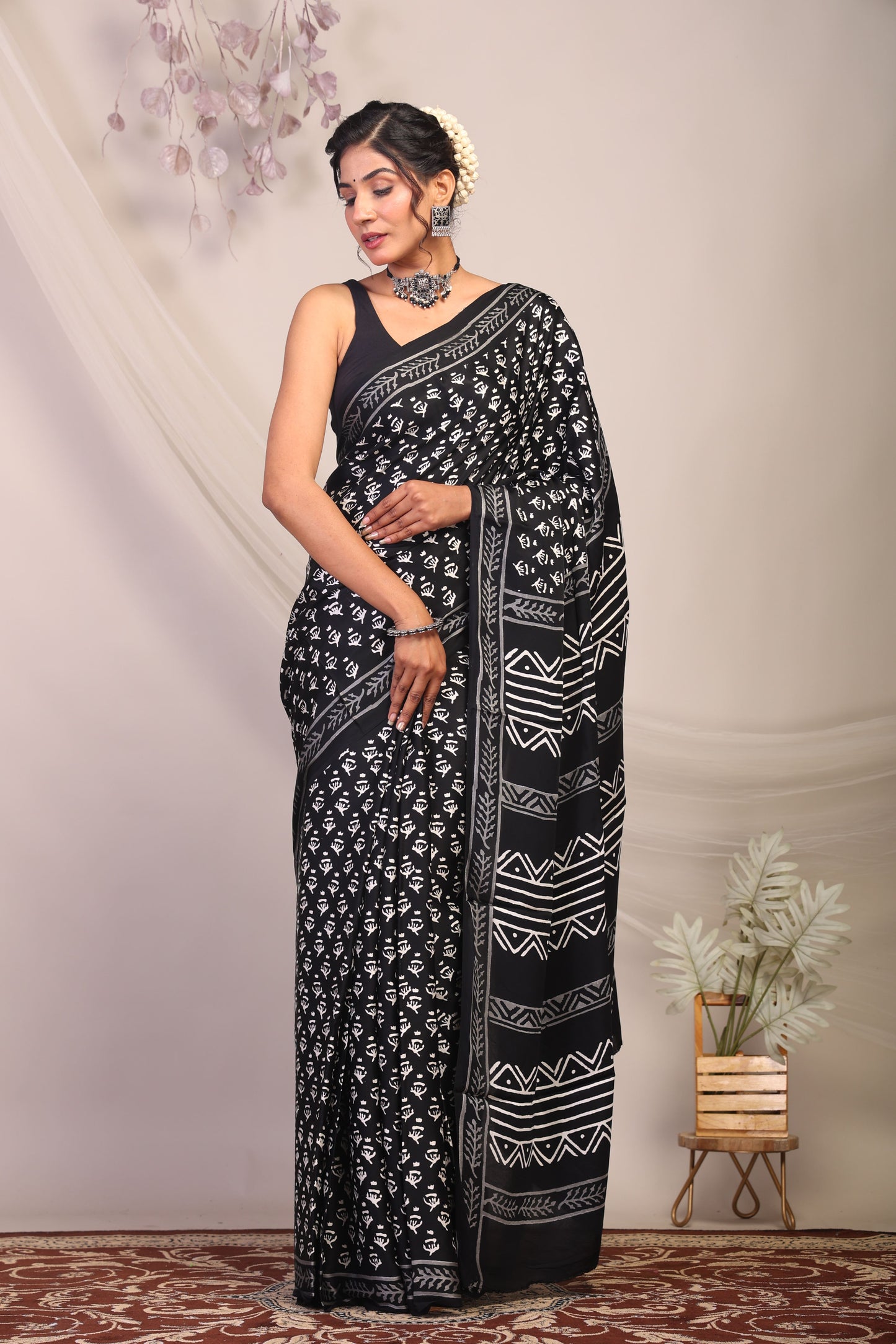 Anuttara Bhagalpuri Black & White Modal Silk Tribal Saree with Unstitched Blouse_AFS1133-FS