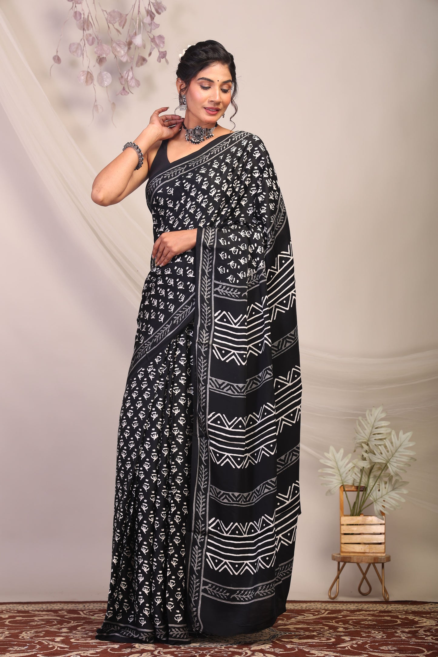 Anuttara Bhagalpuri Black & White Modal Silk Tribal Saree with Unstitched Blouse_AFS1133-FS