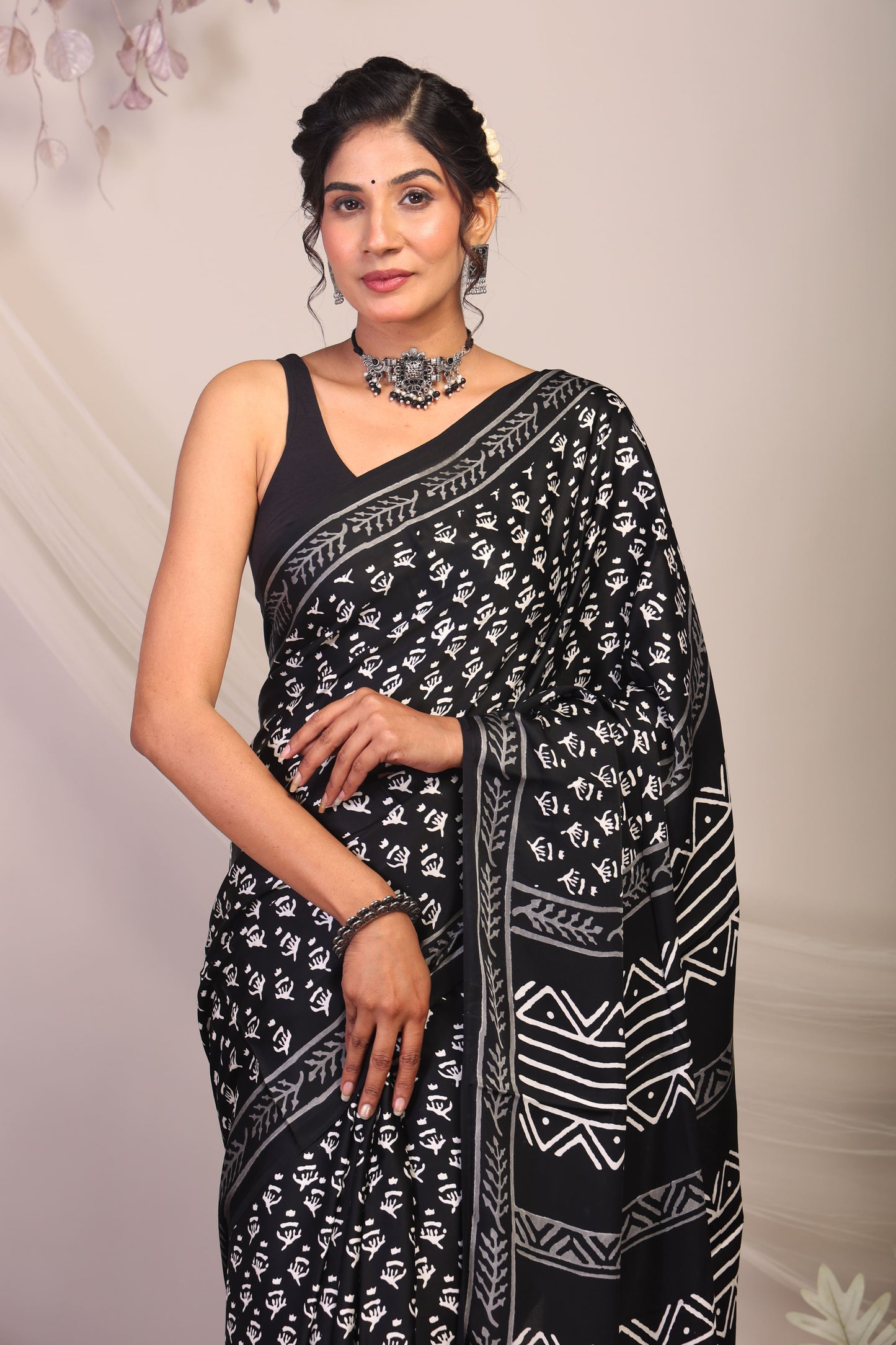 Anuttara Bhagalpuri Black & White Modal Silk Tribal Saree with Unstitched Blouse_AFS1133-FS