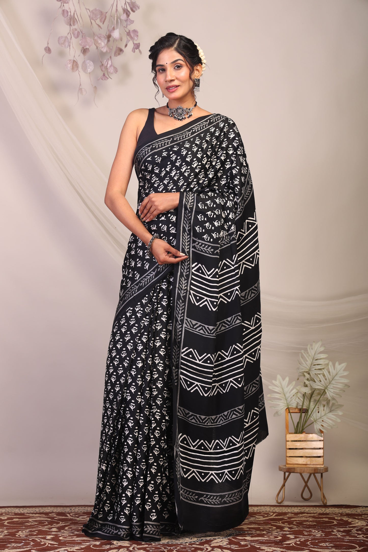 Anuttara Bhagalpuri Black & White Modal Silk Tribal Saree with Unstitched Blouse_AFS1133-FS