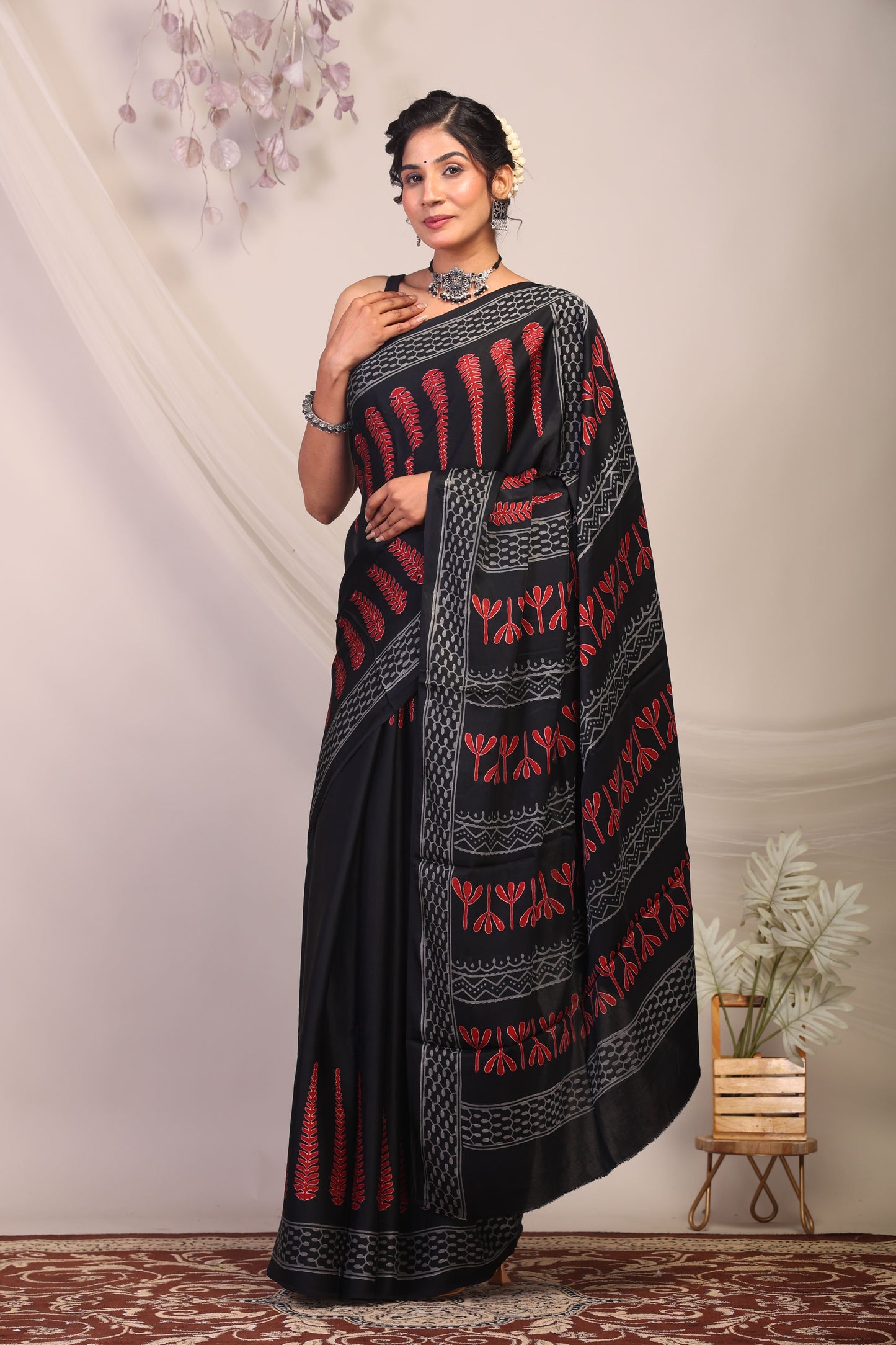 Anuttara Bhagalpuri Black & Red Modal Silk Botanical Prints Saree with Unstitched Blouse_AFS1134-FS