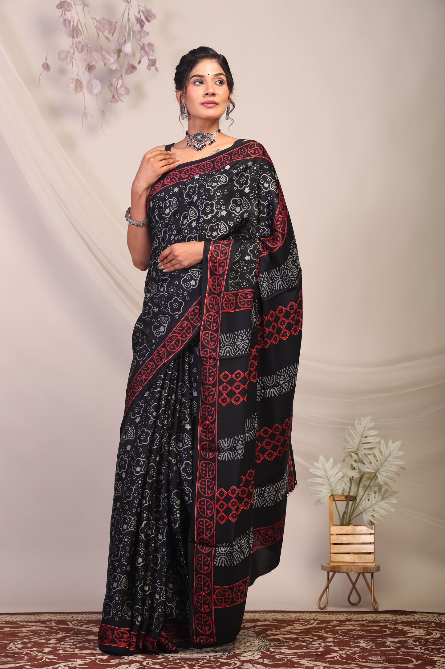 Anuttara Bhagalpuri Black & Grey Modal Silk Floral Saree with Unstitched Blouse_AFS1136-FS