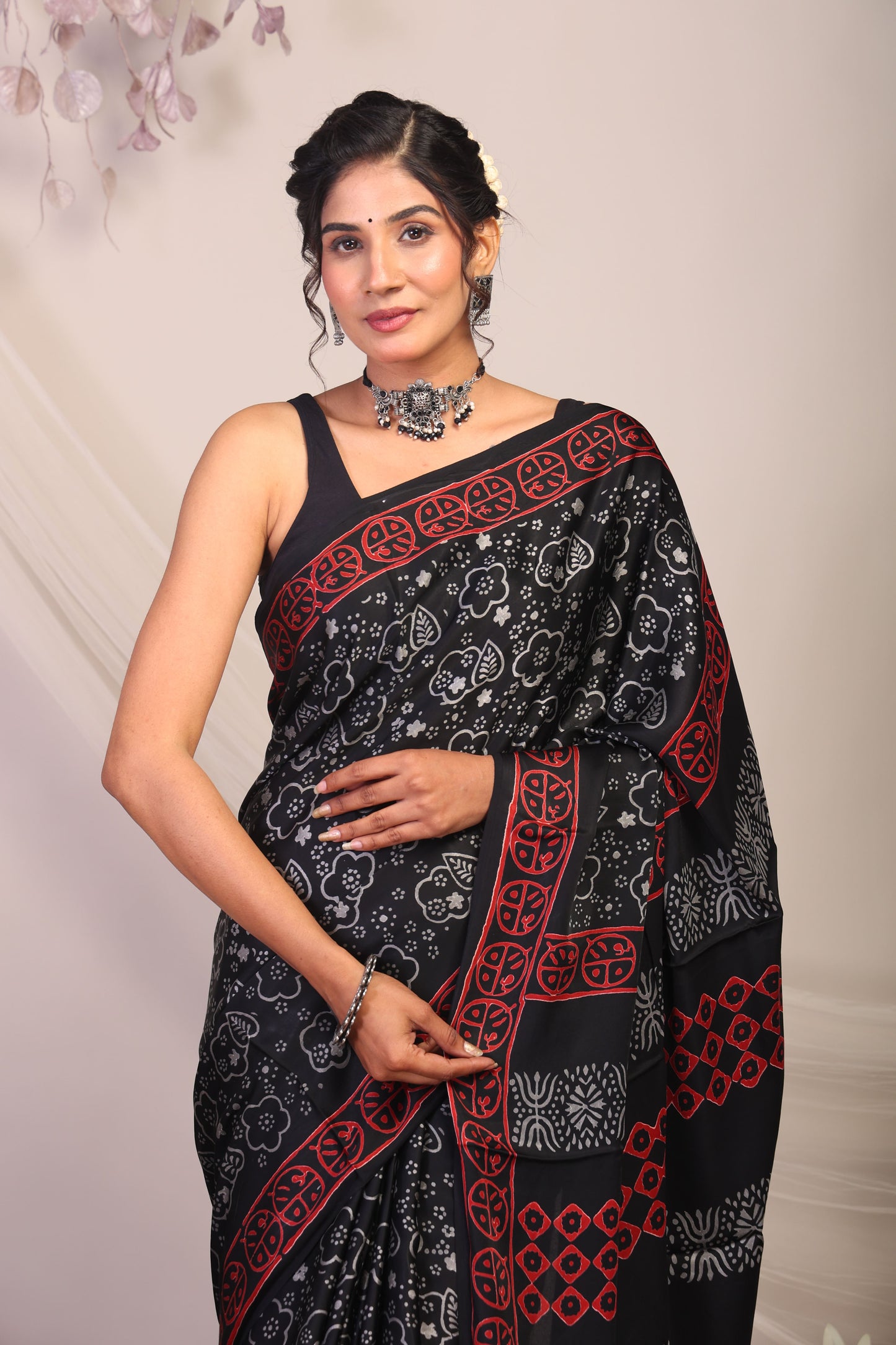 Anuttara Bhagalpuri Black & Grey Modal Silk Floral Saree with Unstitched Blouse_AFS1136-FS