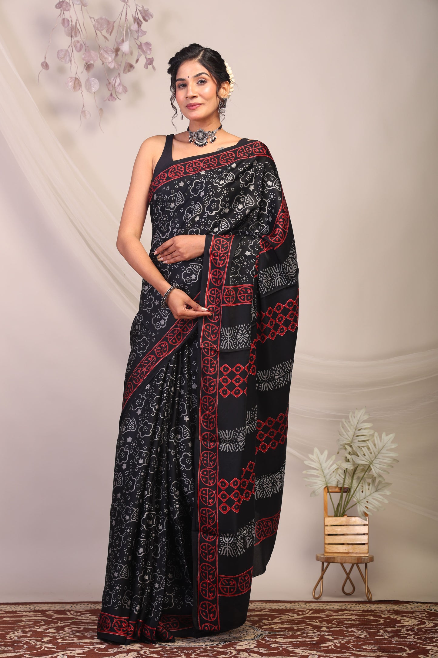 Anuttara Bhagalpuri Black & Grey Modal Silk Floral Saree with Unstitched Blouse_AFS1136-FS